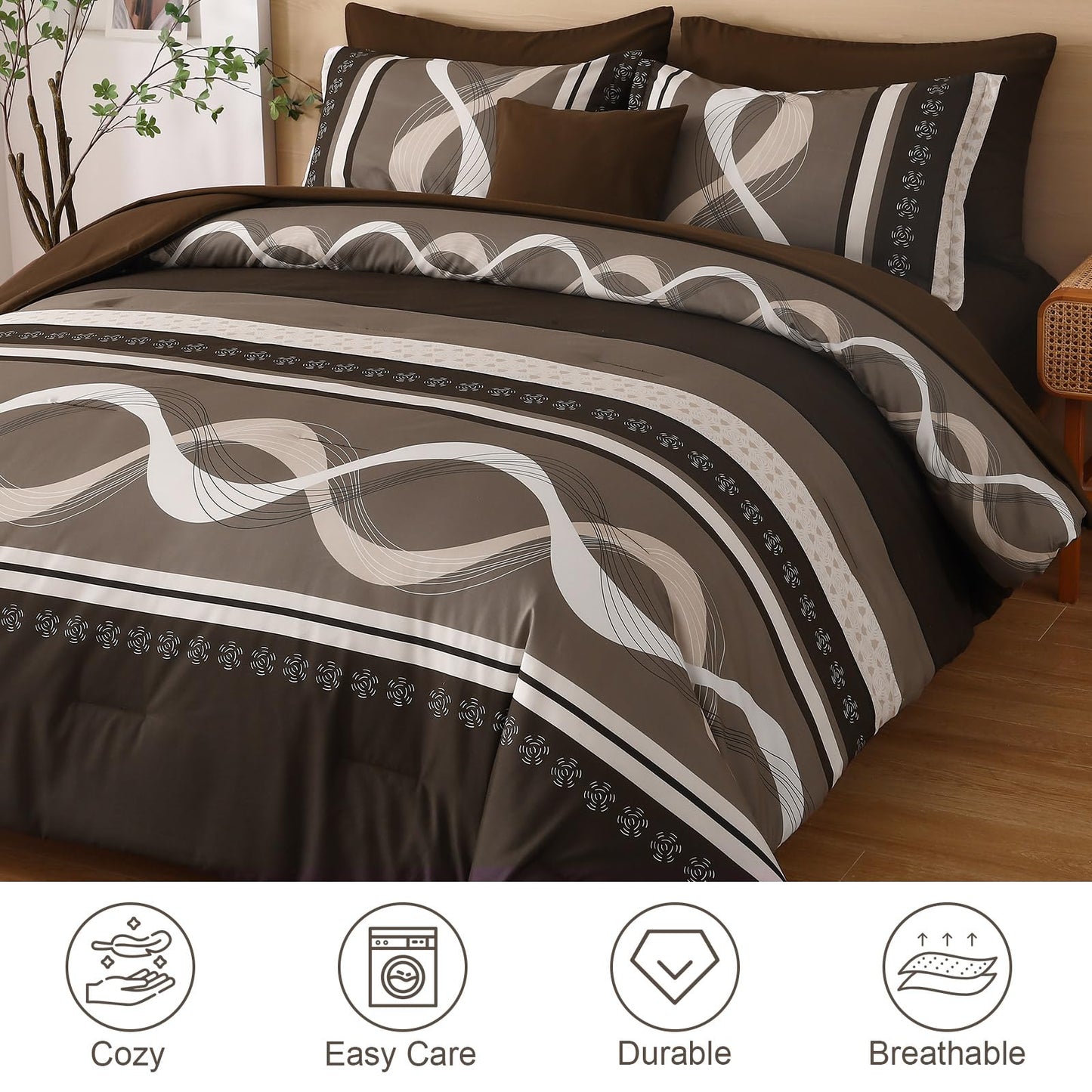 Anibedding Boho Comforter Set,8 Pieces Bed in a Bag Patchwork Striped Comforter Set,Brown Bed Set Queen Size, Soft Microfiber Boho Bedding Set for All Season(90"×90")