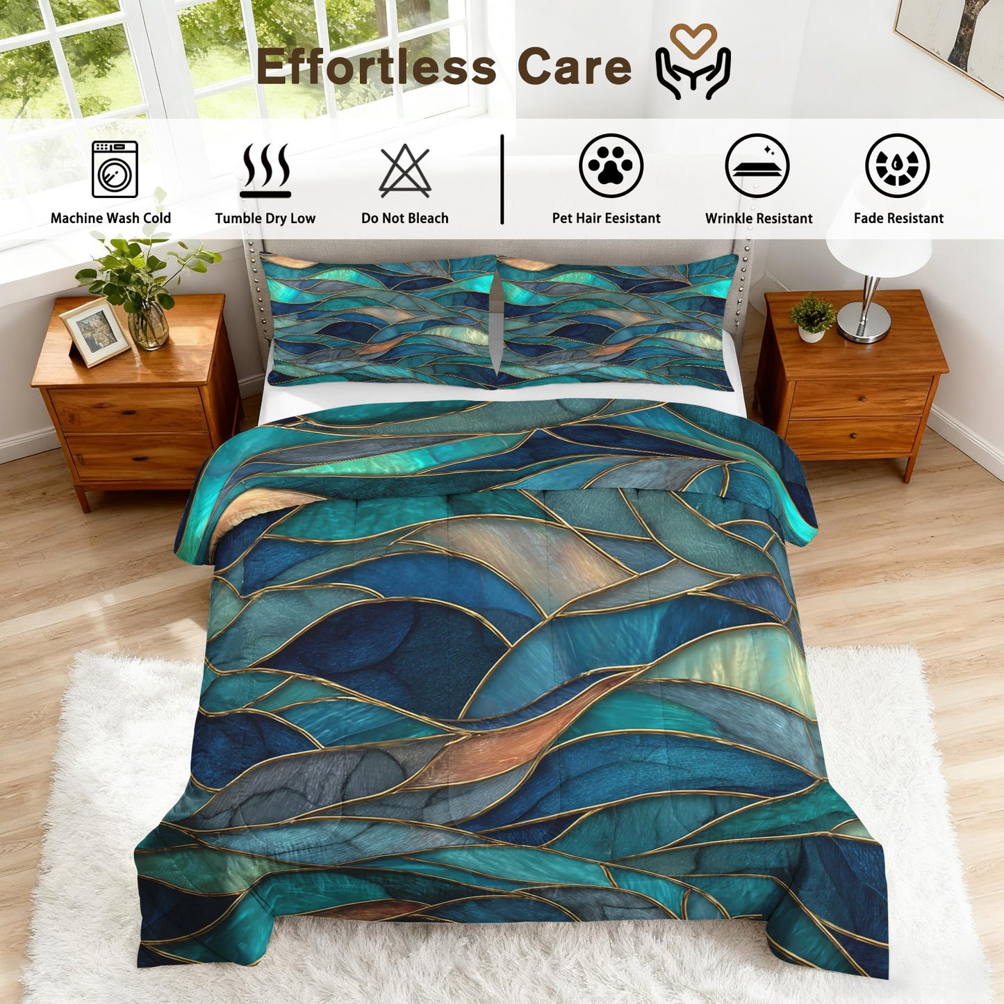 Flumoxa Stained Glass Comforter Set Full, Teal Abstract Marble Comforter Down Alternative All Season Bedding, Stained Glass Bed Sets Full Size with Pillowcase, Bedroom Decor