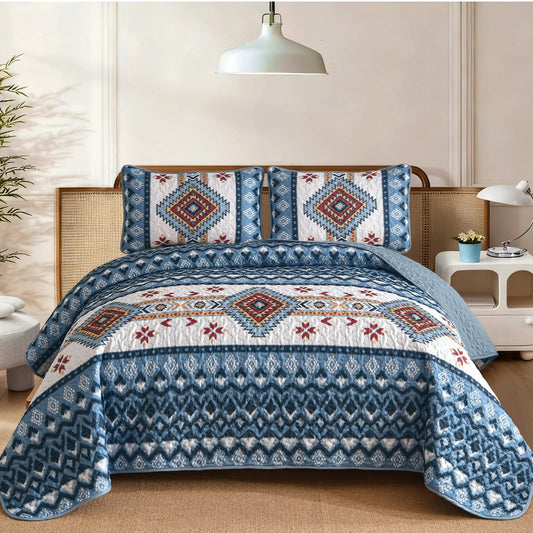 Dintszyayue Navy Blue Quilt Set Queen Size, Aztec Western Boho Quilt Bedspread Set, 3 Pieces Bohemian Southwestern Stripe Bedding Set Soft Lightweight Coverlet Set for All Season(96"x90")