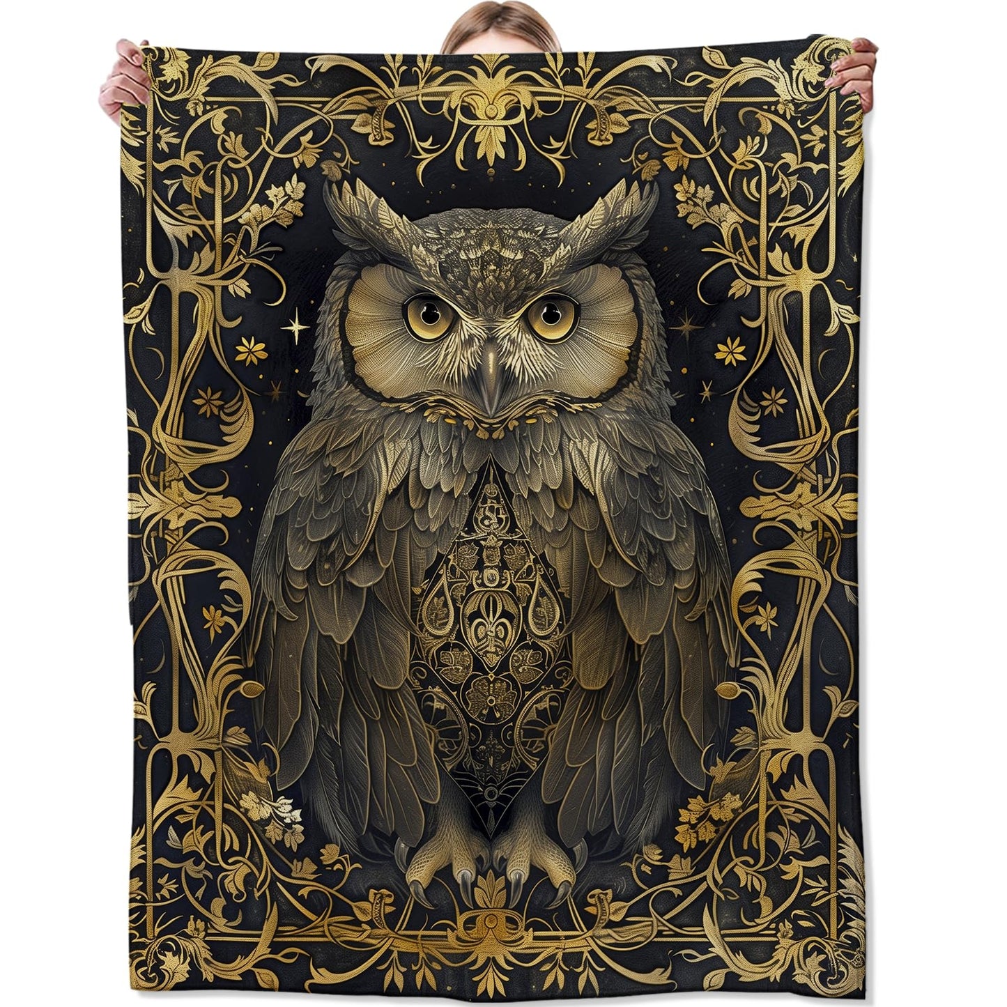 Zeleda Mystery Owl Blanket,Gifts for Nature Lovers,Lightweight Flannel Throw Blankets,Gothic Animal on Black Background Throws Home Decor,for Couch Living Room Office,60x50inch