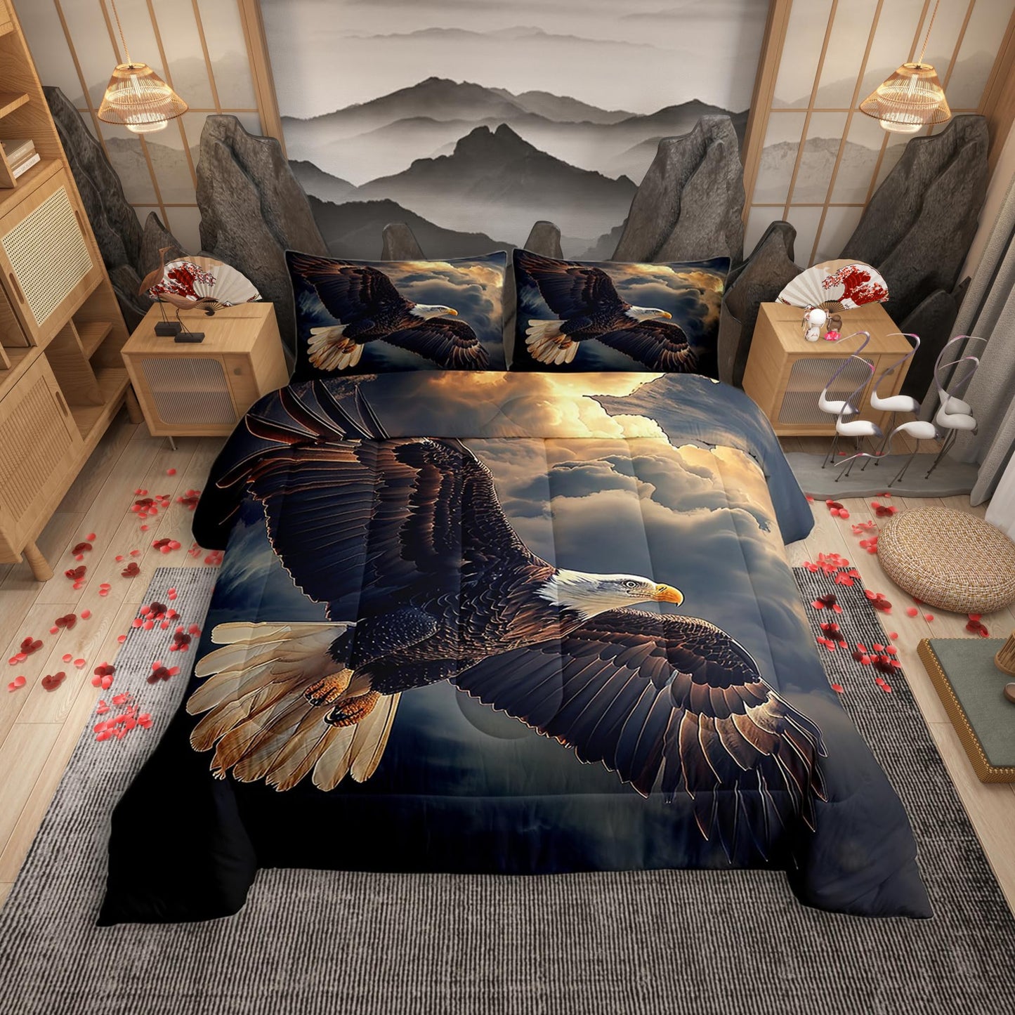 Manfei Flying Eagle Bed Comforter Set Queen Size,Wild Nature Animal Super Soft Microfiber Bedding Set for Girls Boys,Nature Clouds Sky Sunshine Print Decorative Quilter Set
