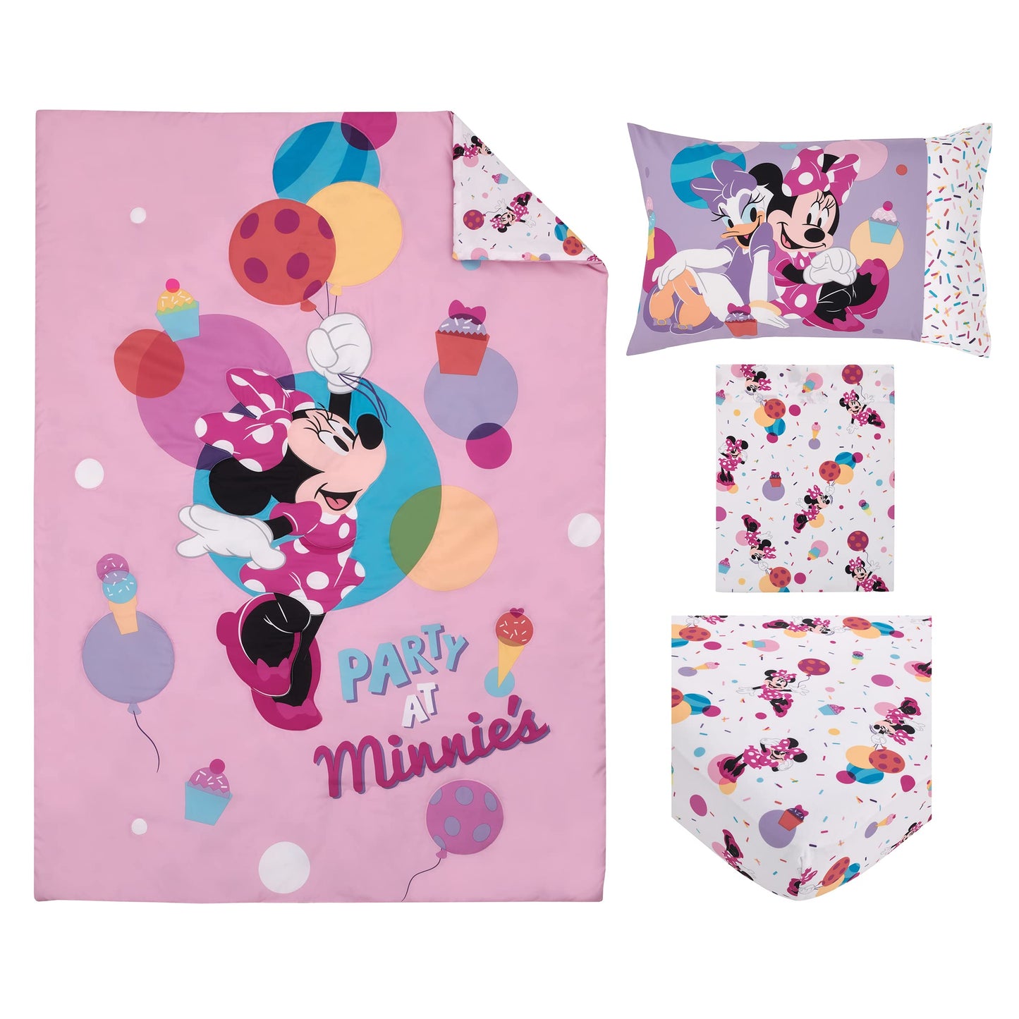 Disney Minnie Mouse Let's Party Pink, Balloons, Cupcakes, and Confetti Party at Minnie's 4 Piece Toddler Bed Set - Comforter, Fitted Bottom Sheet, Flat Top Sheet, and Reversible Pillowcase