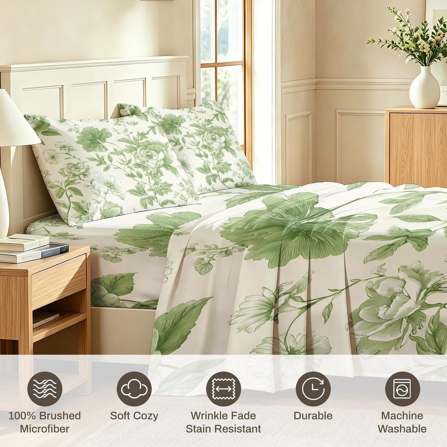 Green Floral Queen Bedding Set Farmhouse Botanical Sheet Sets