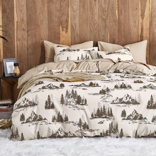 Wake In Cloud - Rustic Comforter Set, Cabin Lodge Cottage Country Charm with Mountain and Natural Forest Theme, Soft Lightweight Bedding, 3 Pieces, Beige Brown, Queen Size