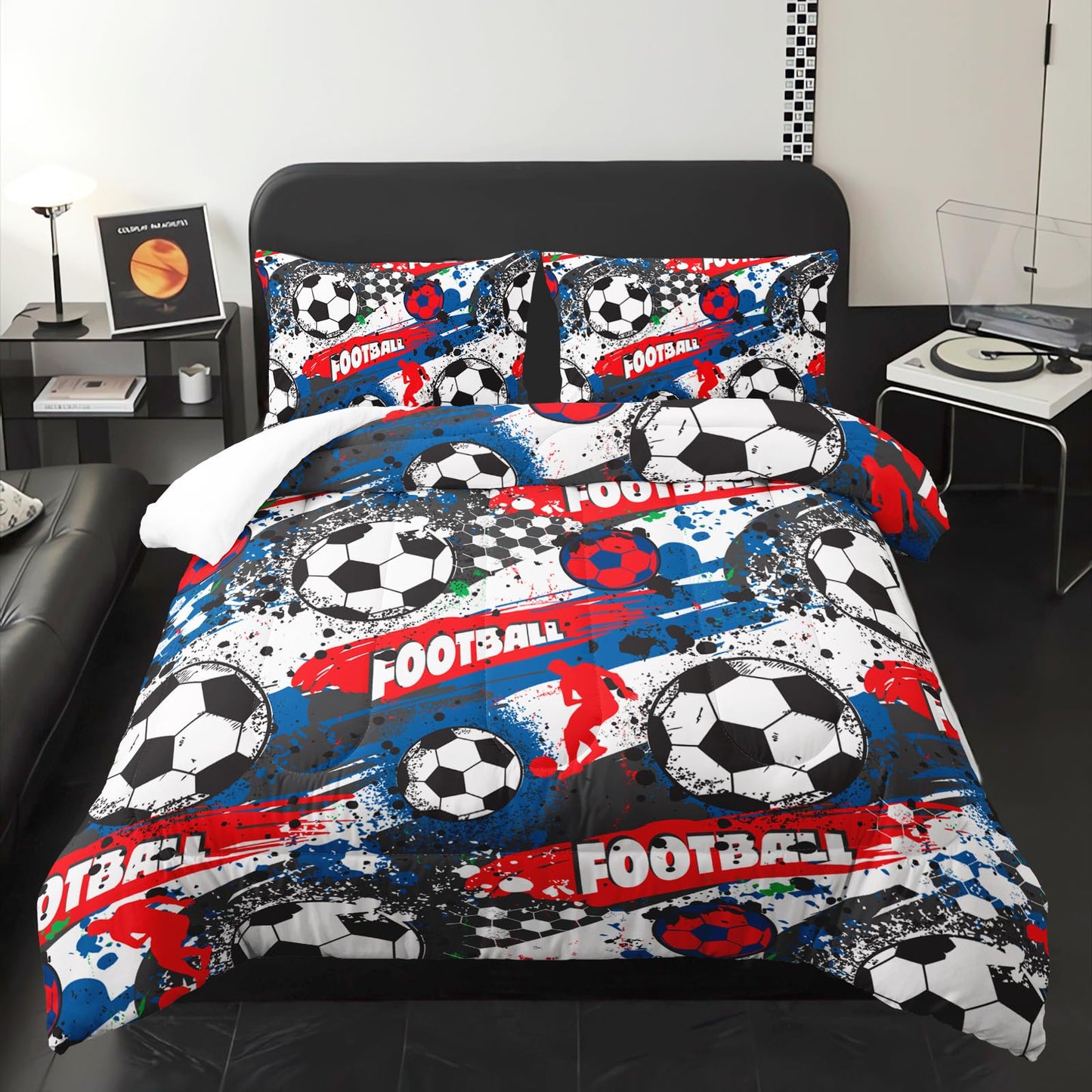lneffble Full Size Comforter Set for Boys Soccer，Sport Full Bedding Sets for Boys with 1 Comforter with 2 Pillow Case