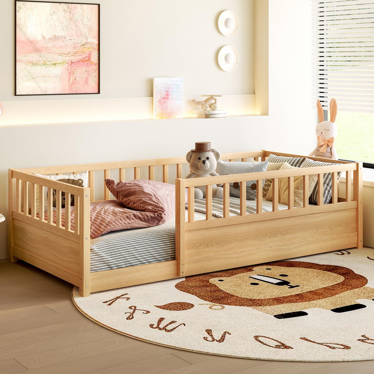 Leholume Twin Size Floor Bed with High Safety Guardrail - Solid Wood Low Profile Frame with Slats, Children's Floor Bed Frame, Easy Assembly for Kids, Natural