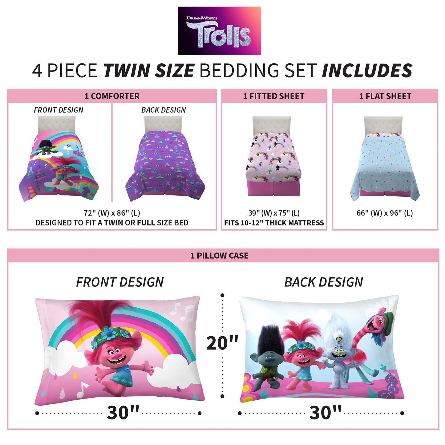 Franco Kids Bedding Super Soft Microfiber Comforter and Sheet Set, 4 Piece Twin Size, Trolls World Tour