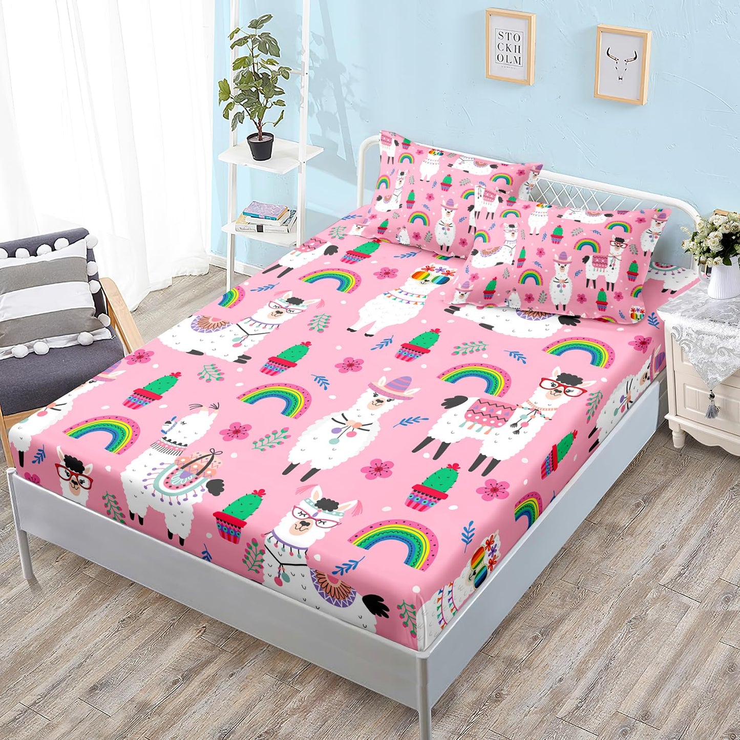HOSIMA Kids Girls Pink Twin Fitted Sheet with 2 Pillowcases,Cute Llama Alpaca Fitted Sheet Animal Bedding Sets for Room Decor,Rainbow Cactus Flower Sheets with 15Inch Deep Pockets.
