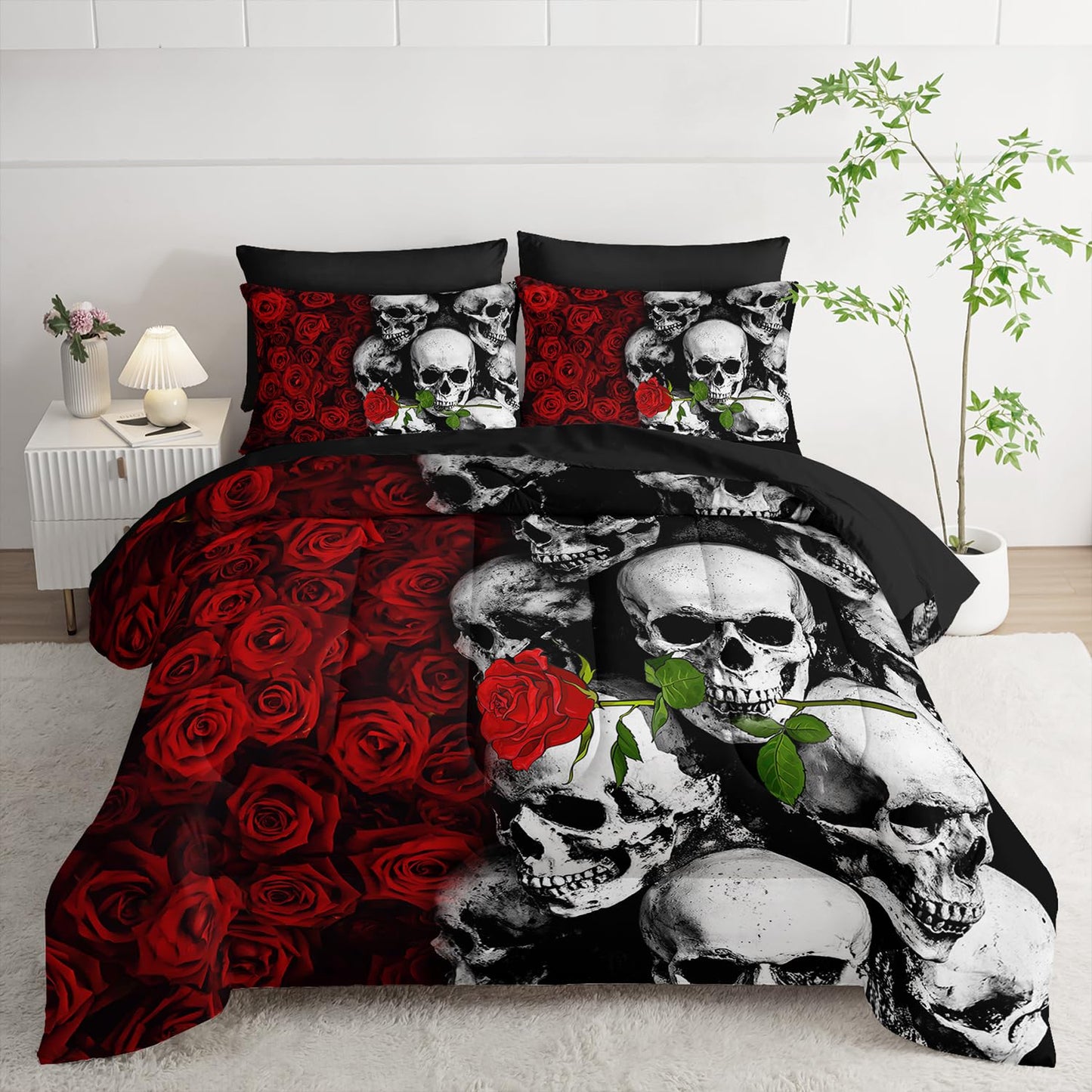 Tuzaovy Black Skull Comforter Set 7 Piece Queen Size Bed in A Bag,Goth Bedding for Room Decor,Soft Western Comforter Boho Hippie Bedding with Fitted Sheet,Flat Sheet, Pillowcases & Shams