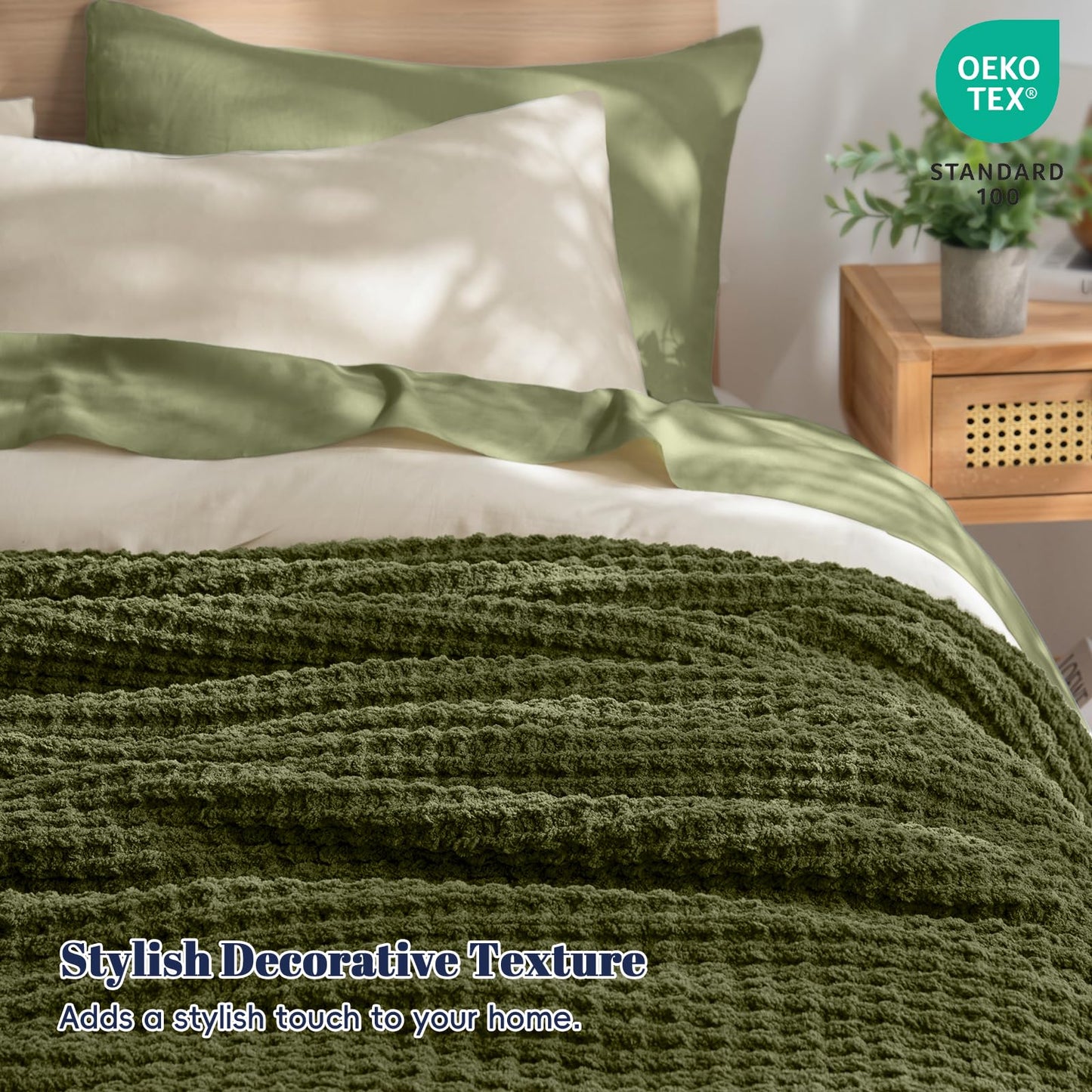 PHF Chenille Waffle Knit Throw Blanket- Plush Warm & Cozy 50" x 60" Ultra Soft Blanket- Chunky Fluffy Waffle Throws for Couch Bed Sofa - Olive Green