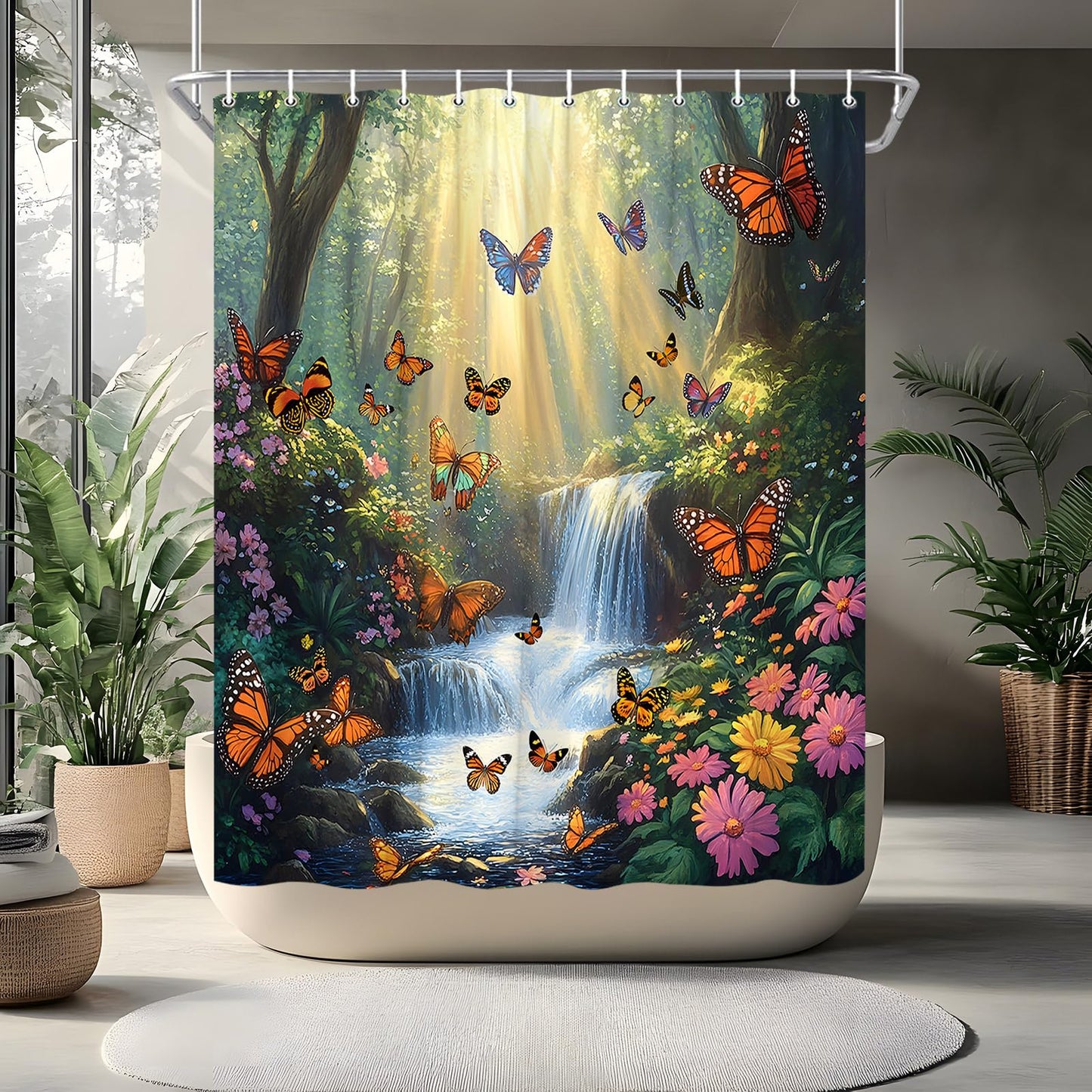 Forest Waterfall Shower Curtain Butterfly Spring Jungle Rainforest Wonderland Fantasy Tropical Fairy Tale World Flower Romantic Nature Bathroom Curtains Set Polyester Fabric with Hooks 70" W x 70" L
