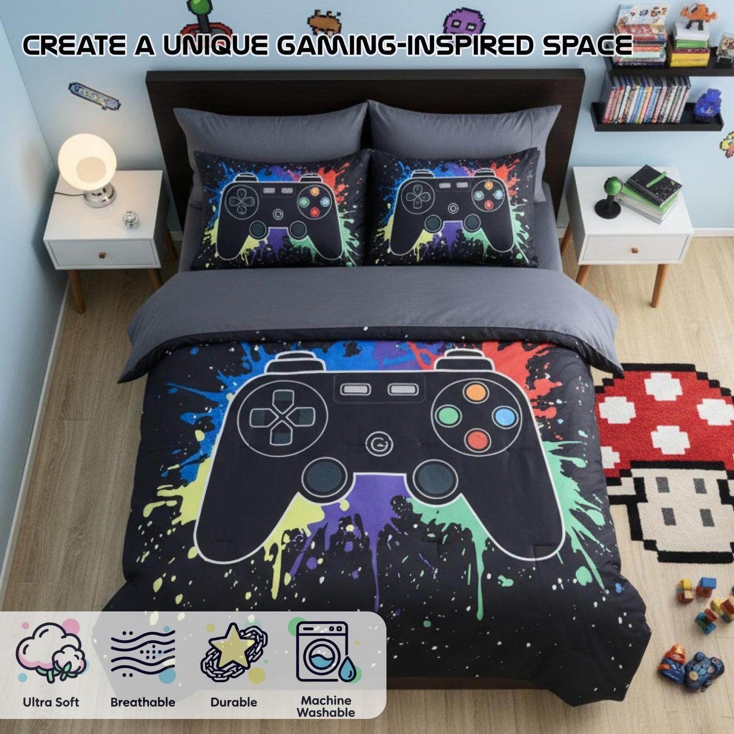 Kaleido Space Twin Comforter Set for Boys, Kids - 5 Pieces Black Gamer Patterns Twin Bedding Sets for Boys Teen, Soft Cozy Bed in A Bag with Sheets