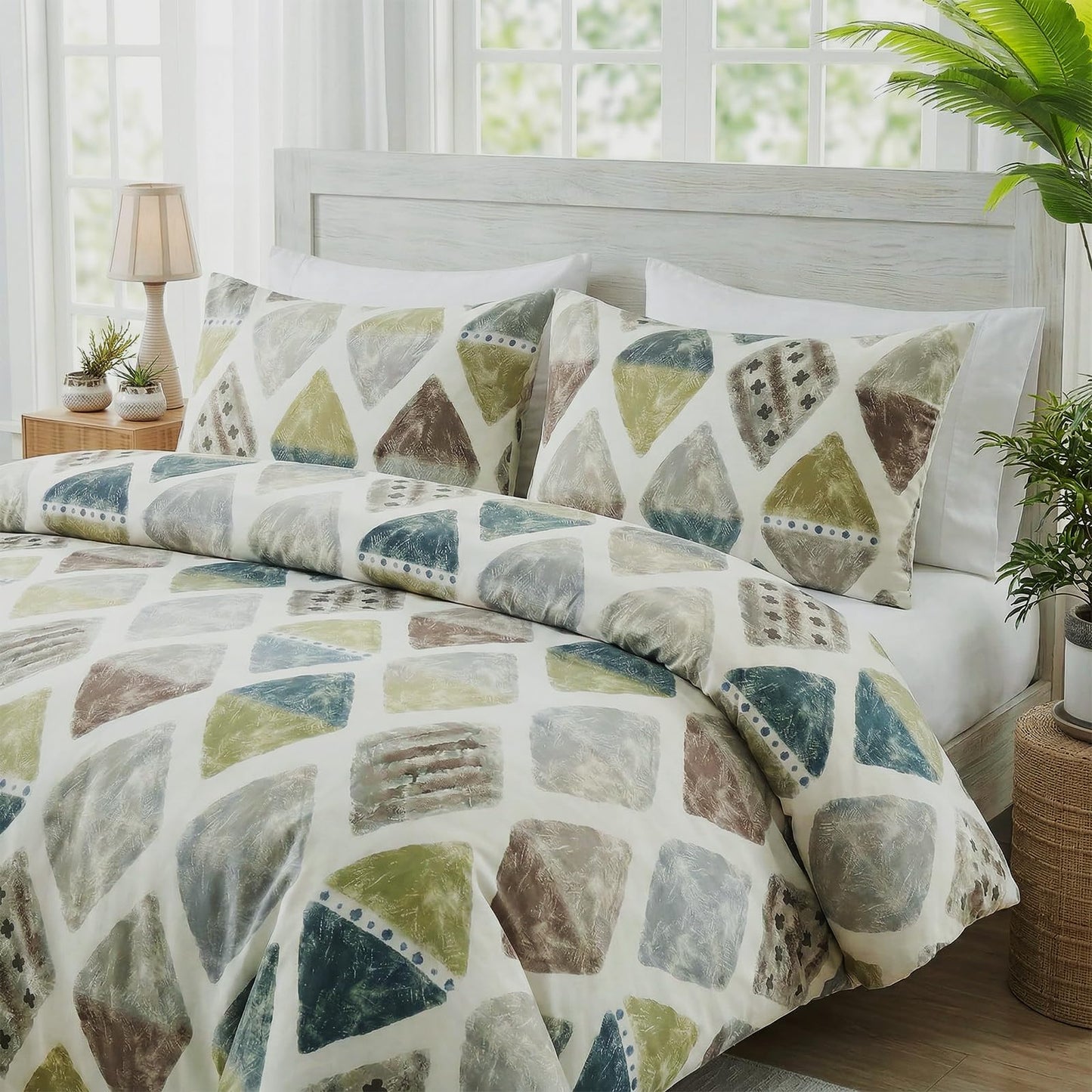 Cozaline 100% Cotton Duvet Cover Set Queen – Green Geometric Bedding Set 3 Pieces, Soft Lightweight Comforter Cover with Zipper Closure, Contemporary Color Aesthetic Bed Set