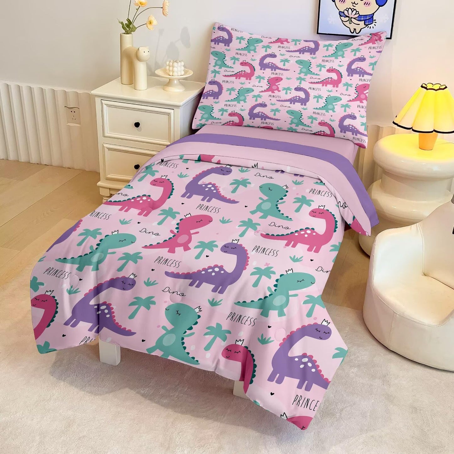4 Piece Toddler Dinosaur Bedding Set for Girls,Pink Dino Toddler Comforter Sets Soft Bed Set Include Comforter,Fitted Sheet, Flat Top Sheet and Pillowcase,Bed in A Bag for Bedroom