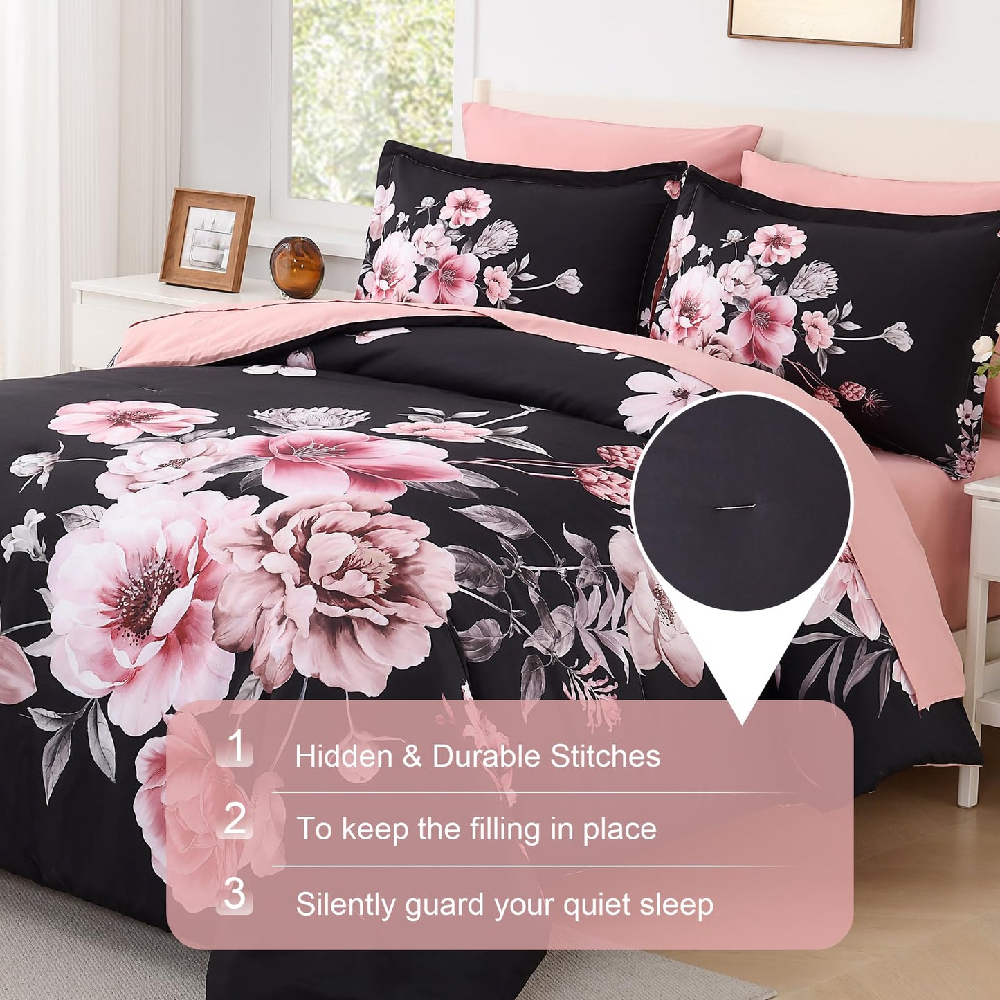 Floral Comforters Queen Size 7 Pieces Botanical Black and Pink Comforter Set Ulter Soft Microfiber Bedding Set, Lightweight Bed Comforter Set with Sheets for All Season (Black, Queen)