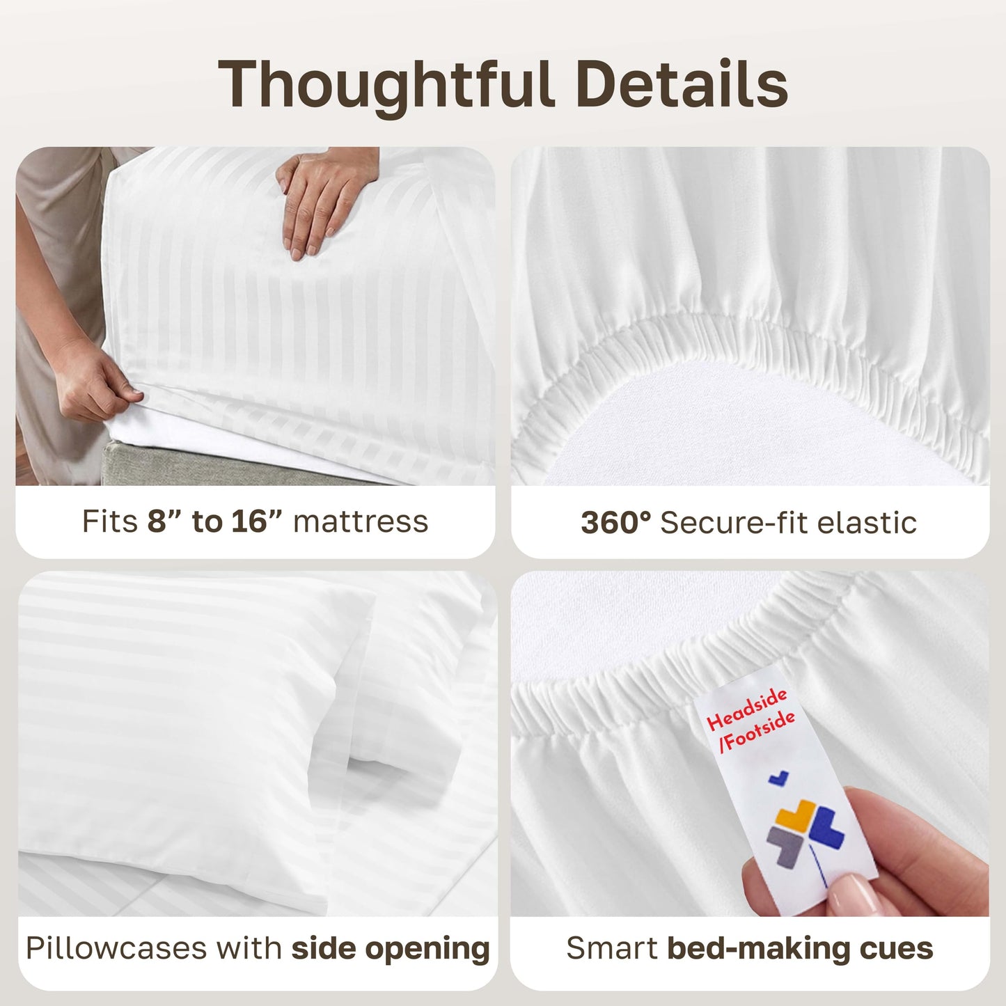 California Design Den Striped 100% Cotton Sheets for Queen Size Bed, 500 Thread Count Sateen, Deep Pockets, Soft Luxury Bedding - Striped White Sheets