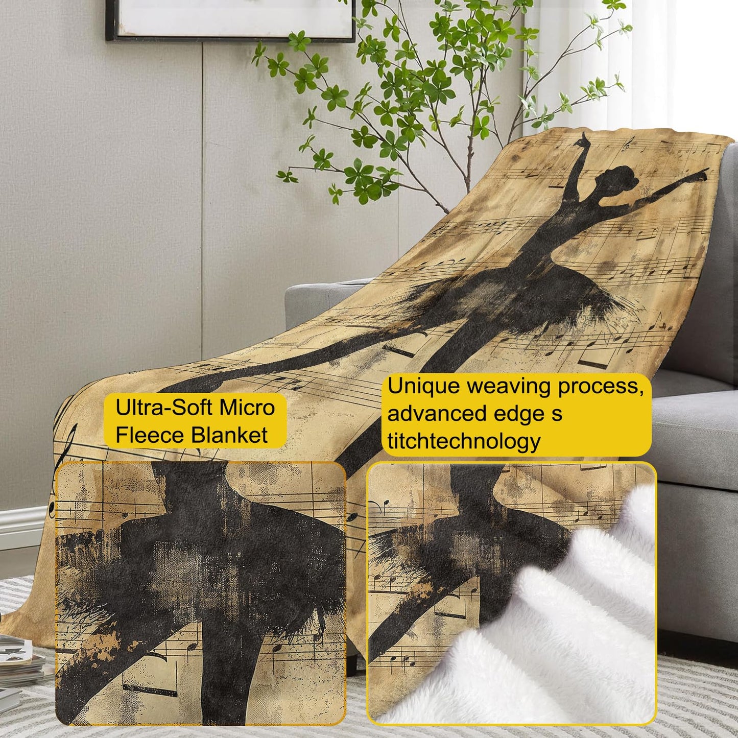 VANZEV Vintage Ballerina Throw Blanket Gifts, Soft Cozy Fleece Blanket with Ballet Dancer and Musical Notes Print, Blanket for Couch Bed Sofa, Perfect for Dancers and Music Lovers, 50x60 in