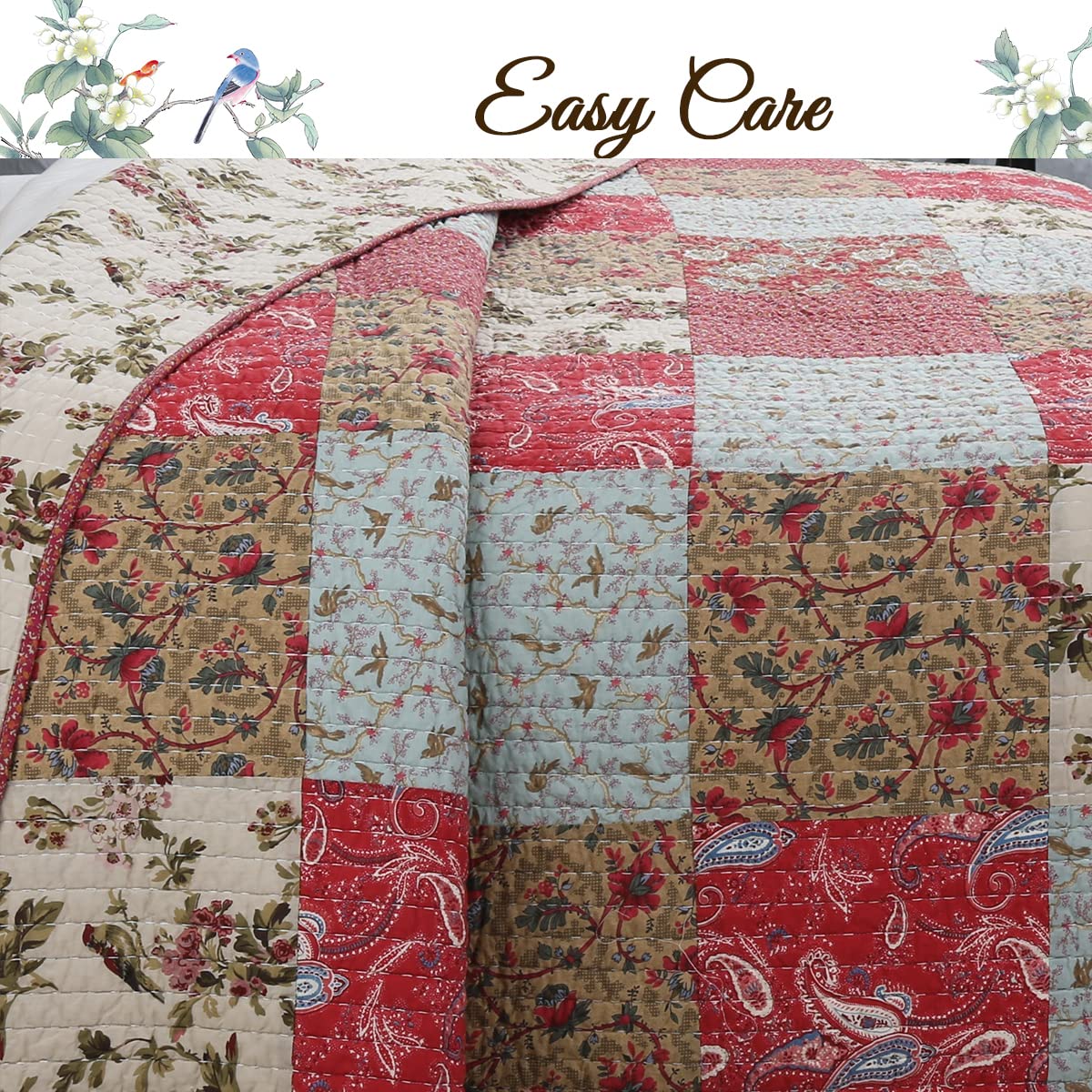Cozy Line Home Fashions 100% Cotton Hand Piecing Real Patchwork Red Teal Khaki Floral Country Reversible Coverlet Bedspread Quilt Bedding Set for All Seasons (Red Aqua, King - 3 piece)