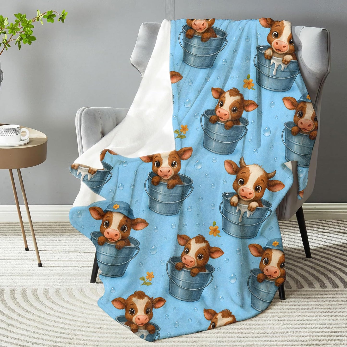 Cute Calf Bucket Blanket, Plush Soft Lightweight Warm Cozy Flannel 60×50 inch Throw Blanket with Adorable Cow Farmhouse Print for Couch, Travel, Bed, Outdoor, Gifts for Boys Girls Women Adults Kids