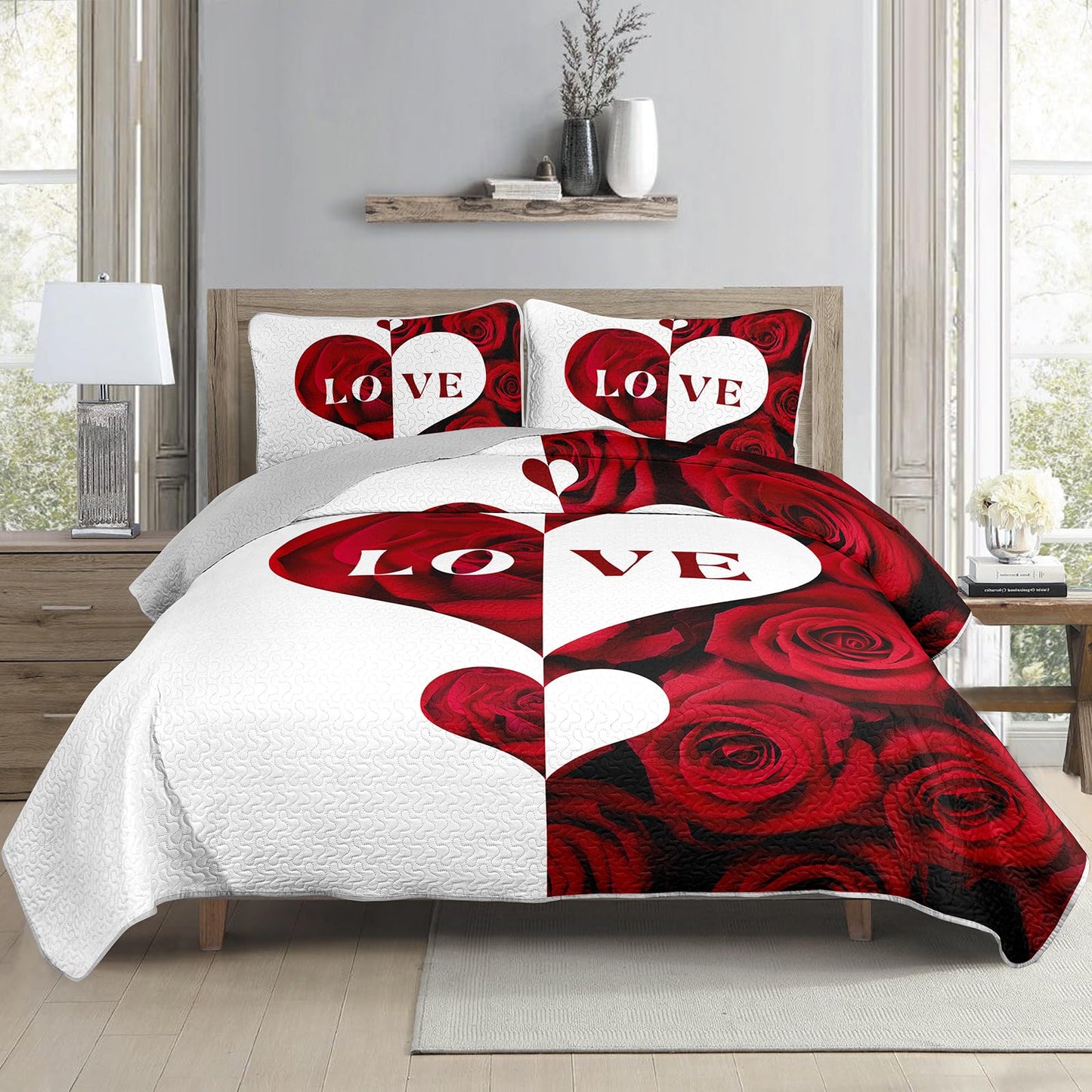 AILONEN Red Rose Bedding Quilt Set King Size - Red & White Flower Bedspread Coverlet Soft Lightweight - 3 Pieces Romantic Hearts Lover Quilt & 2 Pillowcases