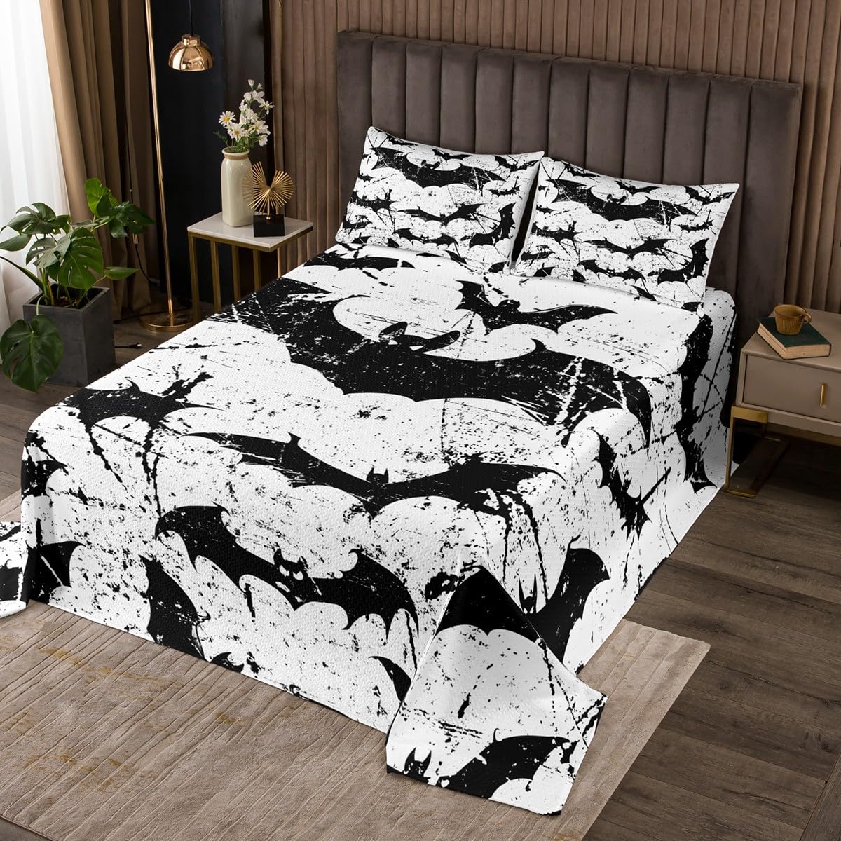 Castle Fairy Black Bat Bedspread Queen Size,Happy Halloween Bedding Set 3Pcs for Kids Boys Girls Teens Room Decor,Graffiti Black White Comforter Set Gothic Style Quilt Coverlet,2 Pillowcases