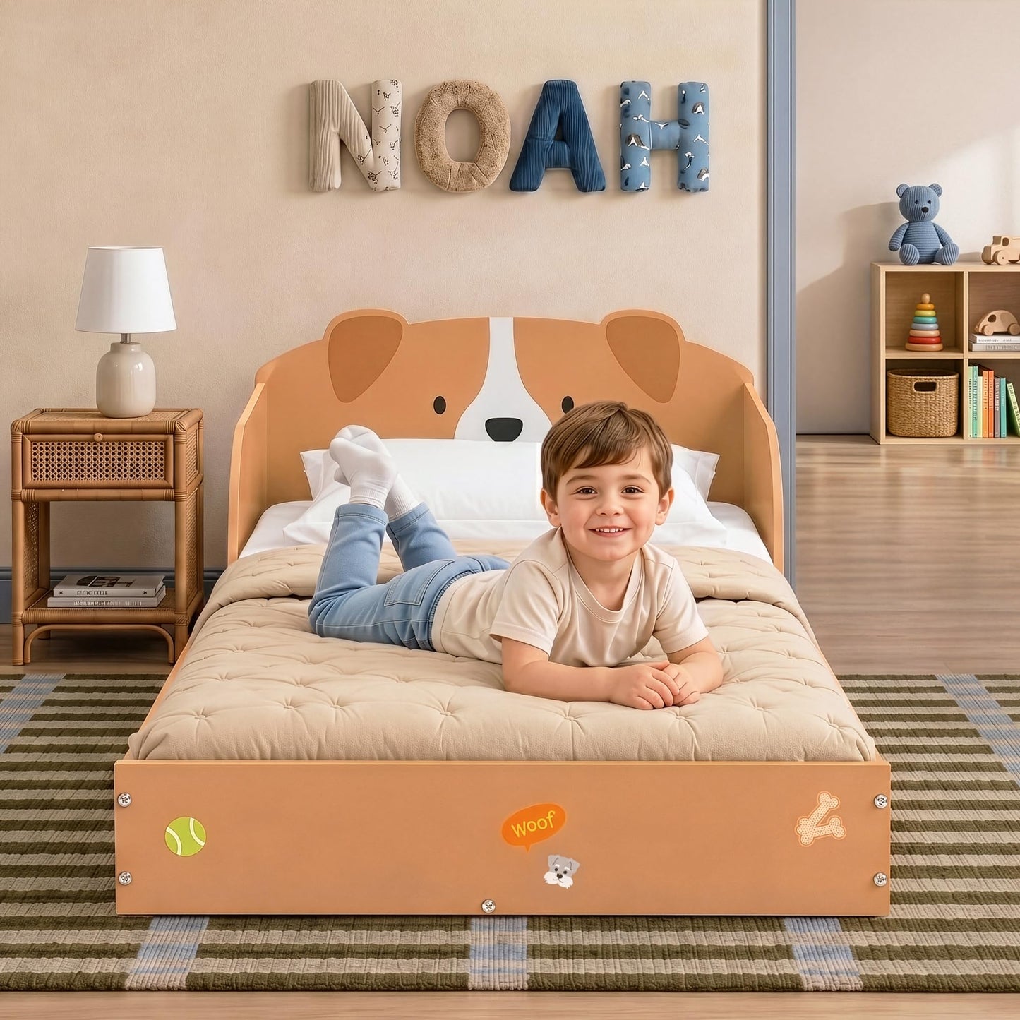 Delta Children Puppy Wood Floor Toddler Bed with Reusable Stickers, Brown