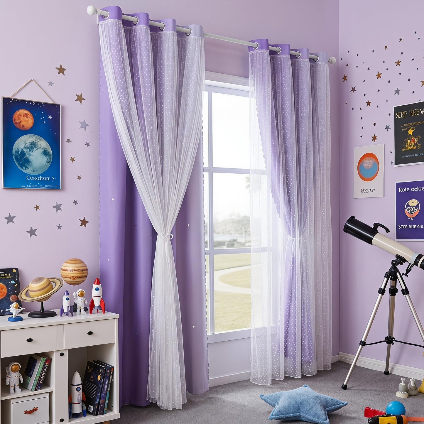 MYSKY HOME Kids Lilac Curtains for Girls Bedroom Decor 63 Inches Long Ombre for Kids Room Nursery, Thermal Insulated Blackout Star Cut Out Curtain Grommet Drapes, W52 x L63 Inches, 2 Panels