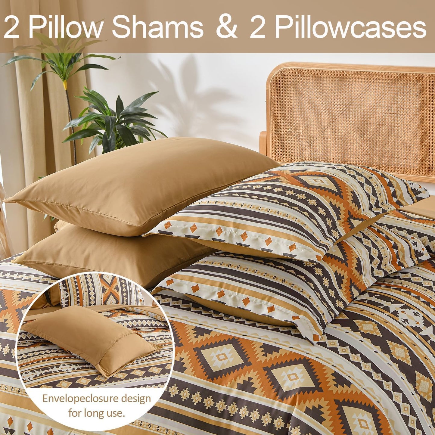Dinjoy Comforter Set Queen Size Boho,Yellow Brown 7 Pieces Bed in a Bag Queen Bedding Sets Aztec Comforters with Sheets Western Striped Complete Set for Family 90"x90"