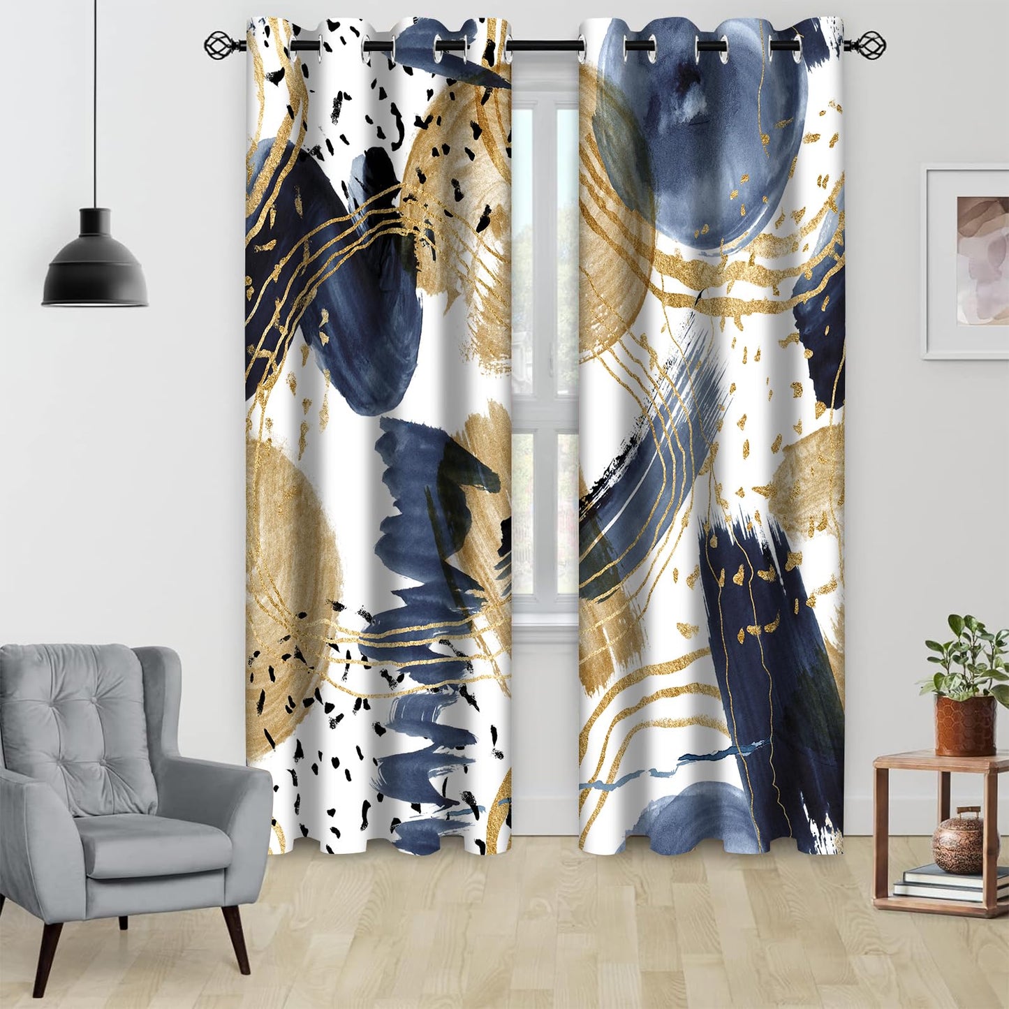 Aeyadis Abstract Blue Gold Blackout Curtain, Boho Aesthetic Modern Window Curtains Living Room Bedroom Decor Thermal Curtain Darkening Grommet Window Drapes Treatments, 2 Panels 52x84 Inch