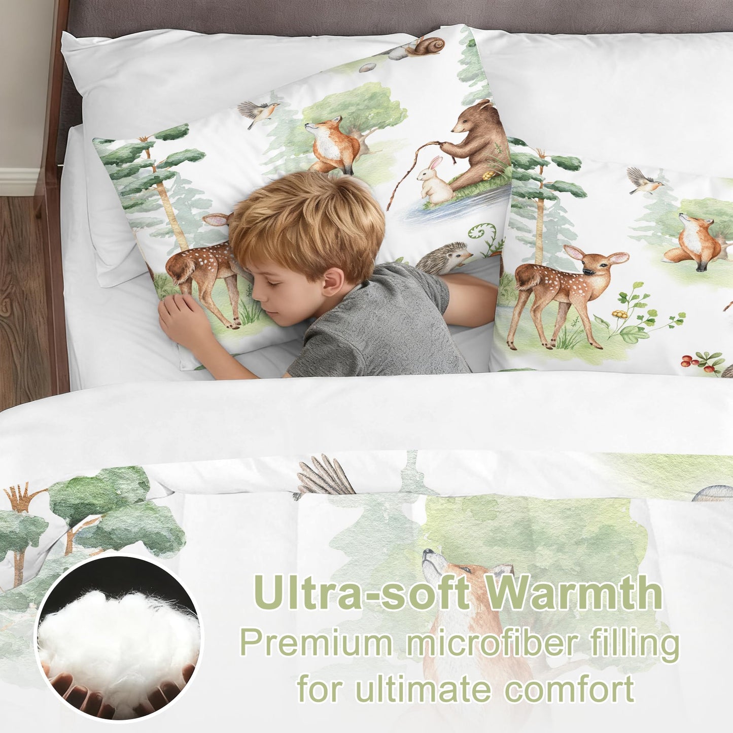 VTKON Wildlife Animals Comforter Set Twin for Kids Woodland Fox Deer and Bear Print Bedding Set Soft Cartoon Animal Print Bed Set White Green Forest Quilt Set with 1 Comforter + 1 Pillowcase