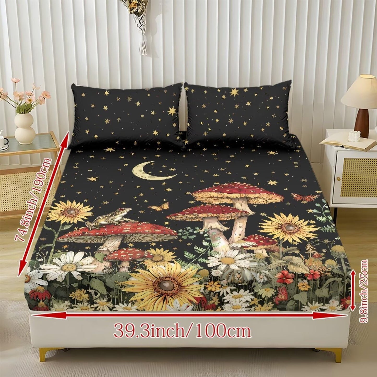 ZDCUSTOM Night Mushroom Bedsheet Sets of 3 Children's Room Decor Fitted Sheet with 2 Pillowcases Twin XL Size Bed Sheets 9.8" Deep Pocket Sunflower Bedding Setsr for Bedroom Decor, 39" x 79"