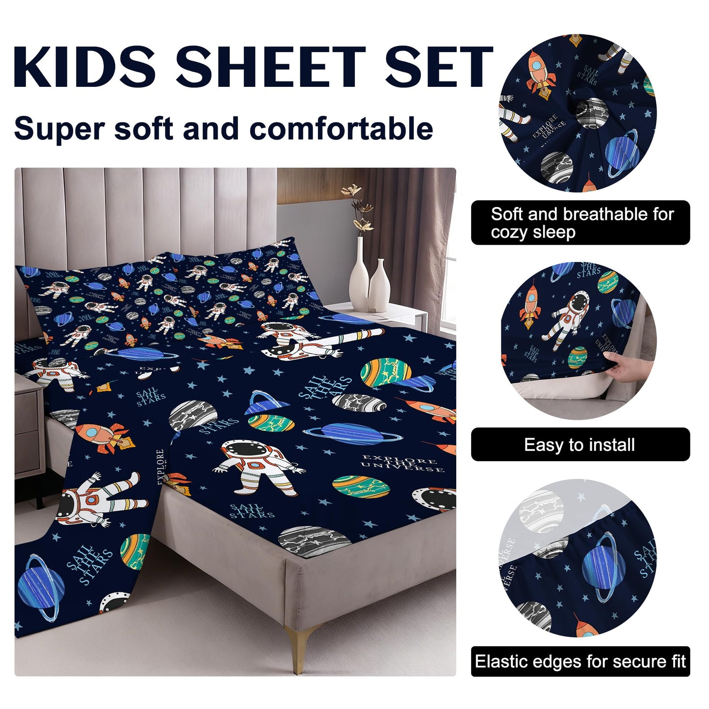 VTKON Navy Blue Space Sheets Set Twin for Boys Bedroom Kids Cartoon Space Rocket Planets Bedding Set with 1 Fitted Sheet, 1 Flat Sheet and 2 Pillowcases