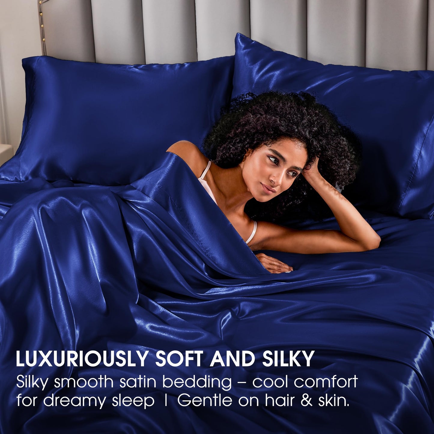 FreshCulture Satin Sheets Full Size - 4 Piece Luxury Soft Silky Full Size Bed Sheets, Similar to Silk Bed Sheet Set with 1 Deep Pocket Fitted Sheet, 1 Flat Sheet & 2 Pillowcases (Navy)