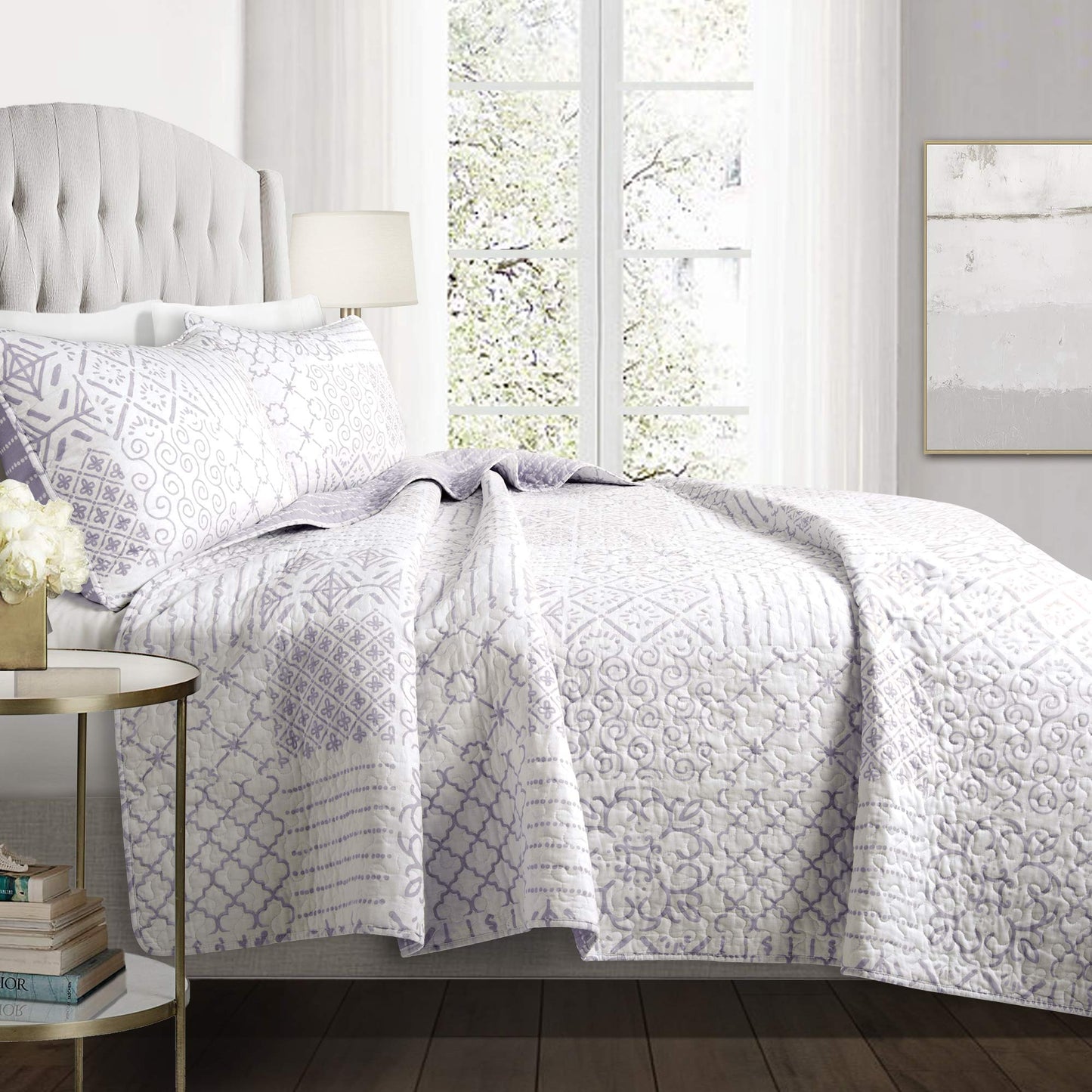 Lush Decor Monique Reversible Cotton Quilt Queen Size 3 Piece Set Full/Queen Lavender - Purple Bedding Set Queen Quilt - Patchwork Quilts - Boho Decor