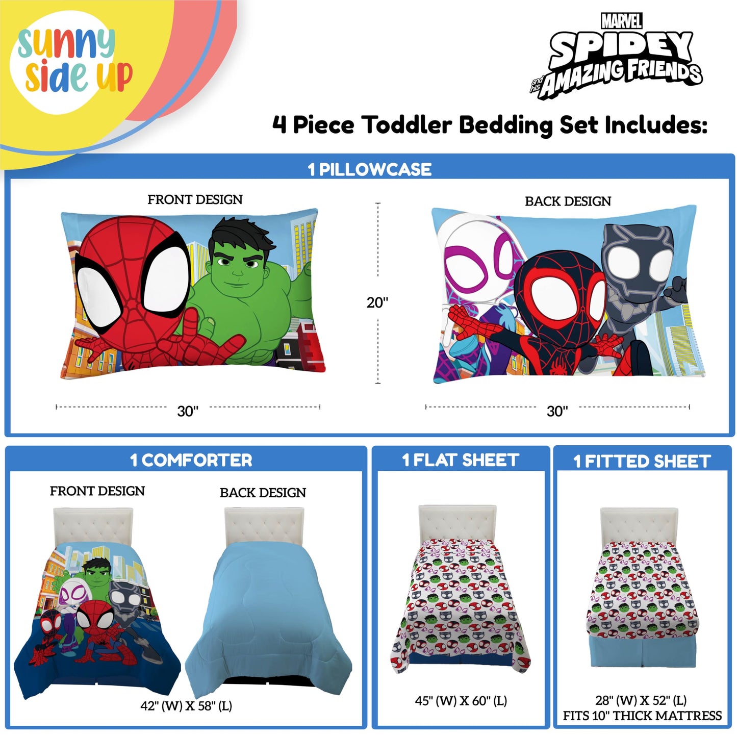 Sunny Side Up Marvel Spidey & His Amazing Friends Toddler Comforter Set - 4 Piece Preschool Bedding Includes Comforter, Sheets & Pillow Cover – Super Soft Superheroes Microfiber Bed Set
