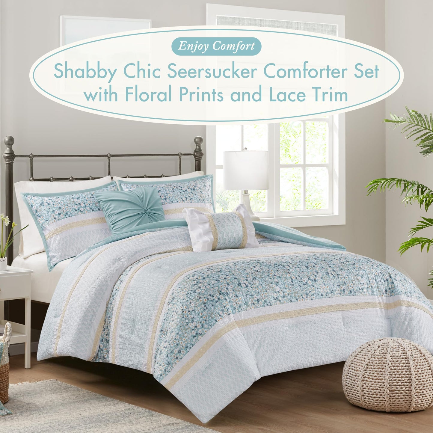 Madison Park Comforter Set, Seersucker Floral King Size Comforter Sets, Microfiber Comforters, All Season Lightweight Comforter, Throw Pillows, Caralie, King/Cal King Aqua 5 Piece