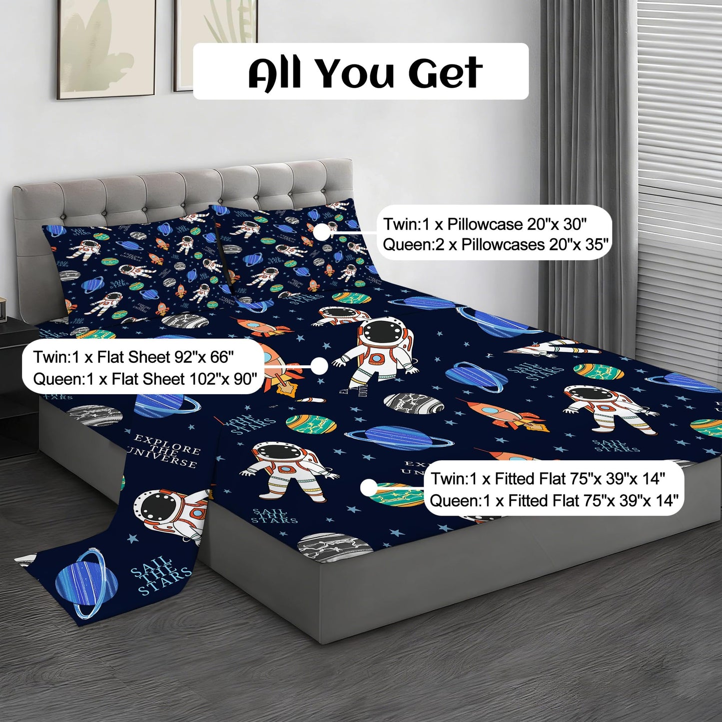 VTKON Navy Blue Space Sheets Set Twin for Boys Bedroom Kids Cartoon Space Rocket Planets Bedding Set with 1 Fitted Sheet, 1 Flat Sheet and 2 Pillowcases
