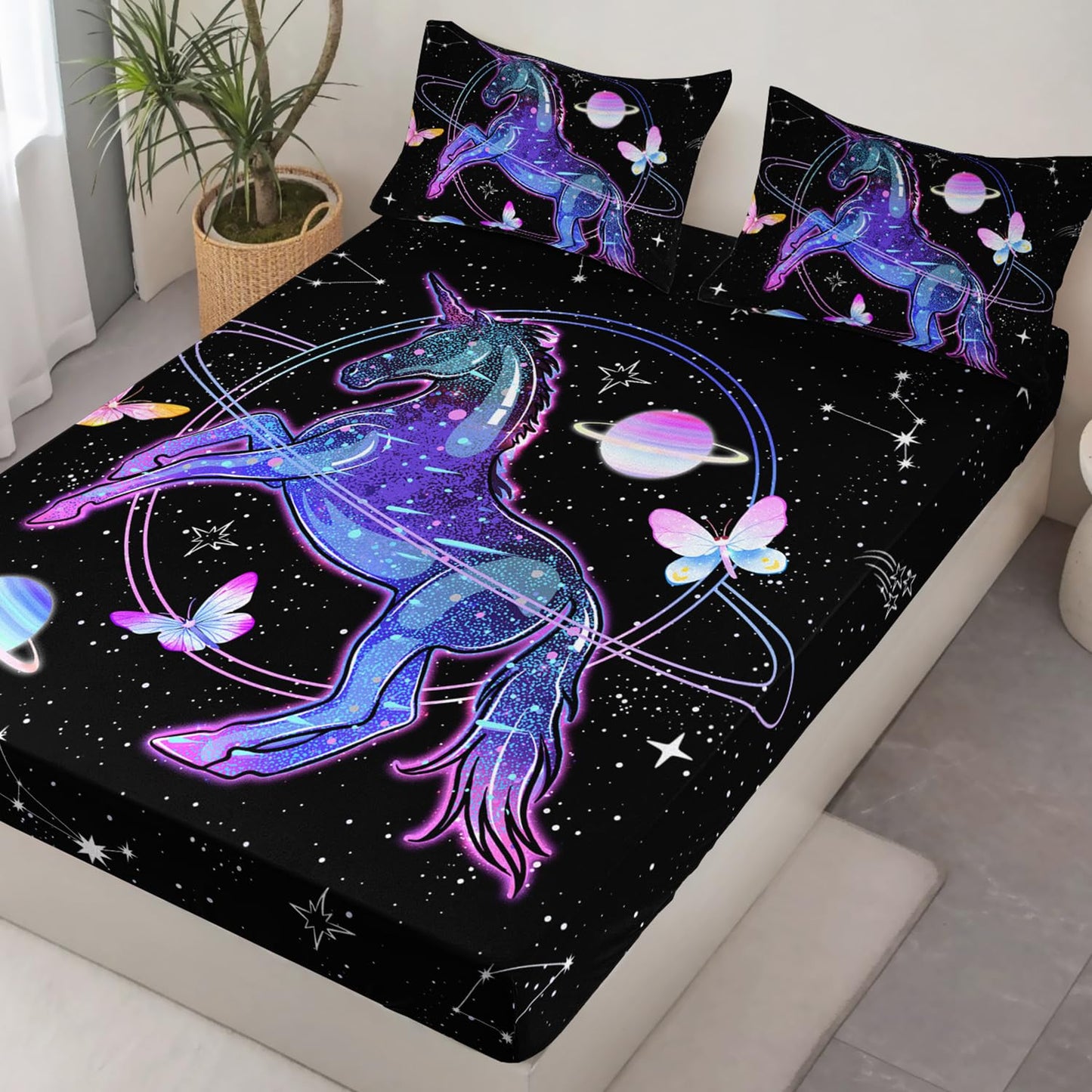 HOSIMA Unicorn Bedding Sets for Girls Kids,Butterfly Star Sky Galaxy Twin Fitted Sheet Unicorn Bedroom Decor,Black Lightweight Soft Easy Care Microfiber Bed Sheet Set with 15-inch Deep Pockets.
