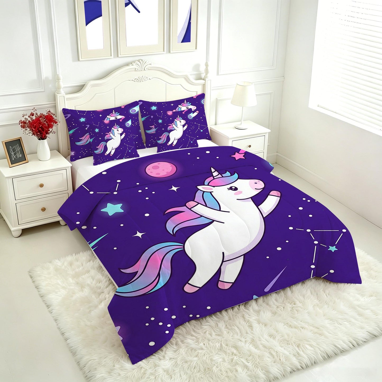 FUYEUN Unicorn King Comforter Set with Sheets for Kids Boys Girls Starry Sky Print 7 Pieces Cute Bedding Set Cartoon Animal Bed in a Bag Princess Room Decor