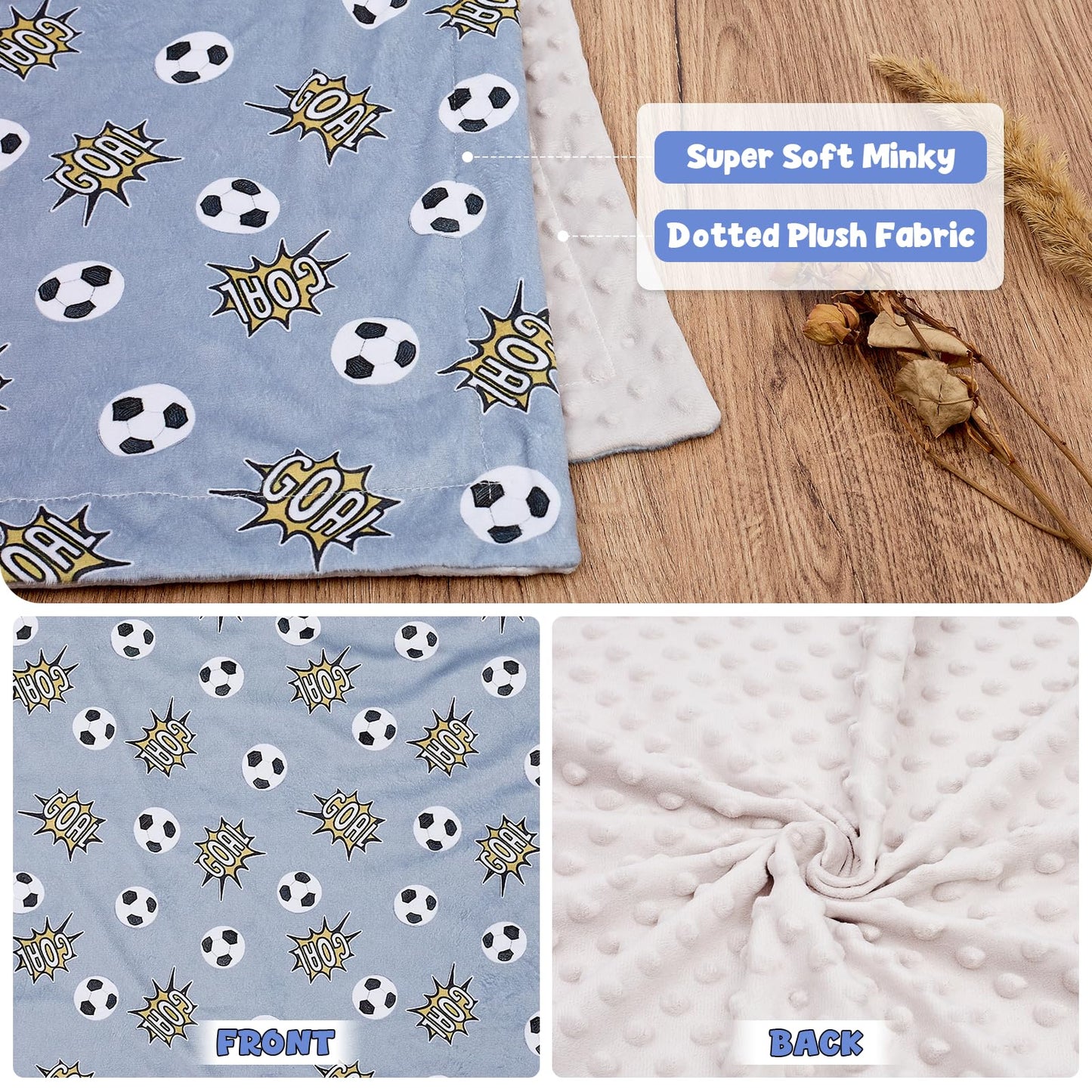Baby Blanket for Boys Girls Super Soft Double Layer Minky with Dotted Backing Cute Cow Crib Receiving Blanket Bed Throws for Newborns Nursery Stroller Toddler 30 x 40 Inch (Grey Soccer)