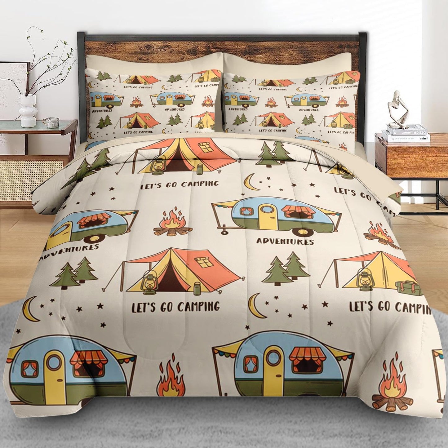 Pamnest Comforter Set Queen Size, Summer Camp RV 7 Pcs Bedding for Kids and Adults, Camping Adventure Bed Sheet Sets with Fitted Sheet 2 Pillowcases & 2 Shams for Bedroom Bed Decor
