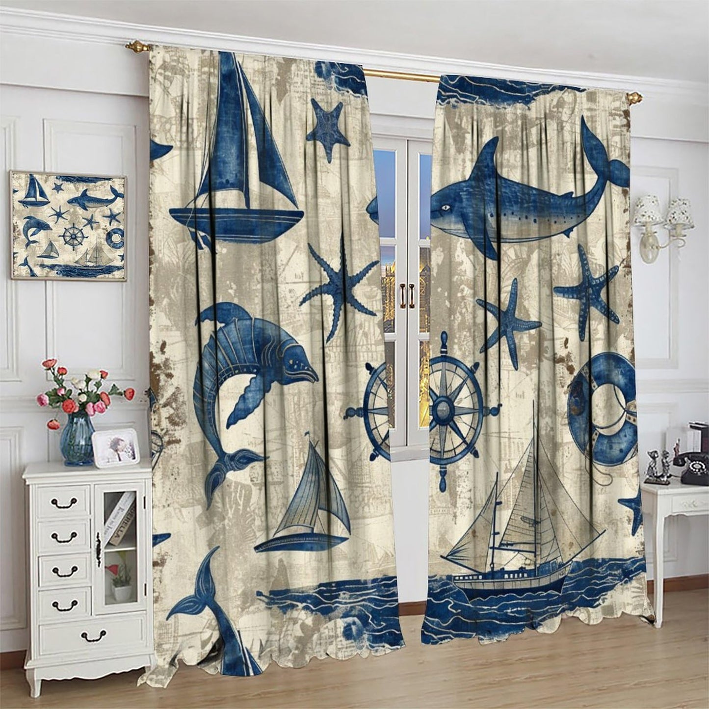 TOWINSFB Compass Sailboat Shark Blackout Curtains, Retro Nautical Ocean Starfish Home Decor Rod Pocket Window Drapes for Living Room Bedroom - 42" W x 45" L