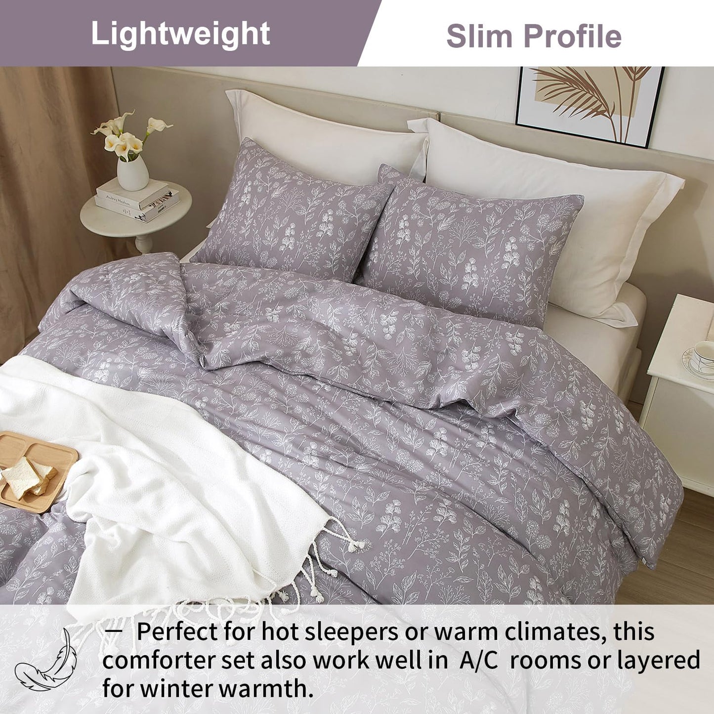 EAVD Botanical Floral Comforter Set Queen Grayish Purple Soft Microfiber Chic Cute Garden Floral Bedding Comforter Set 1 Queen Comforter and 2 Pillowcases Fresh Botanical Comforter for All-Season