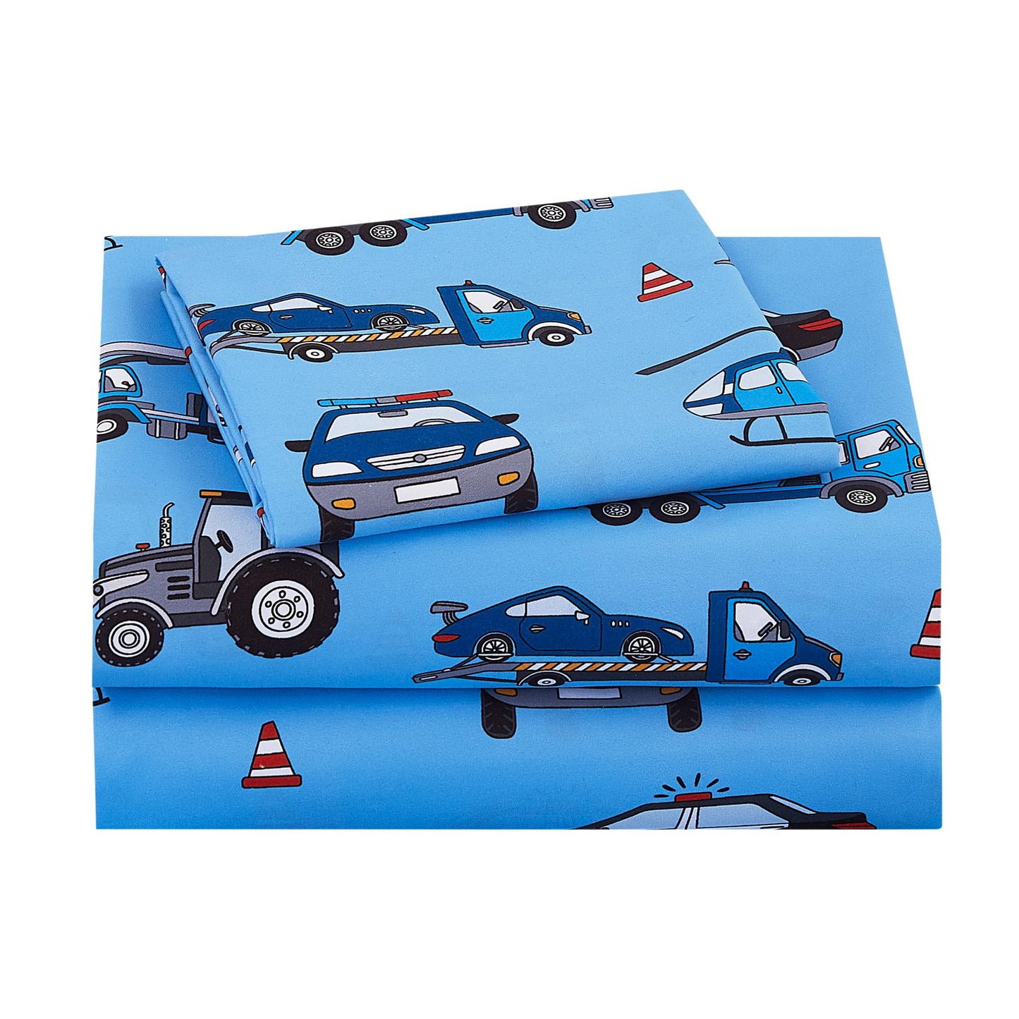 Viviland 3 Pieces Boys Police Car Twin Sheet Set - Soft Microfiber Fitted Flat Sheets & Pillowcase Bed Sheet Set - Blue Airplane Print Bedding Sets for Kids