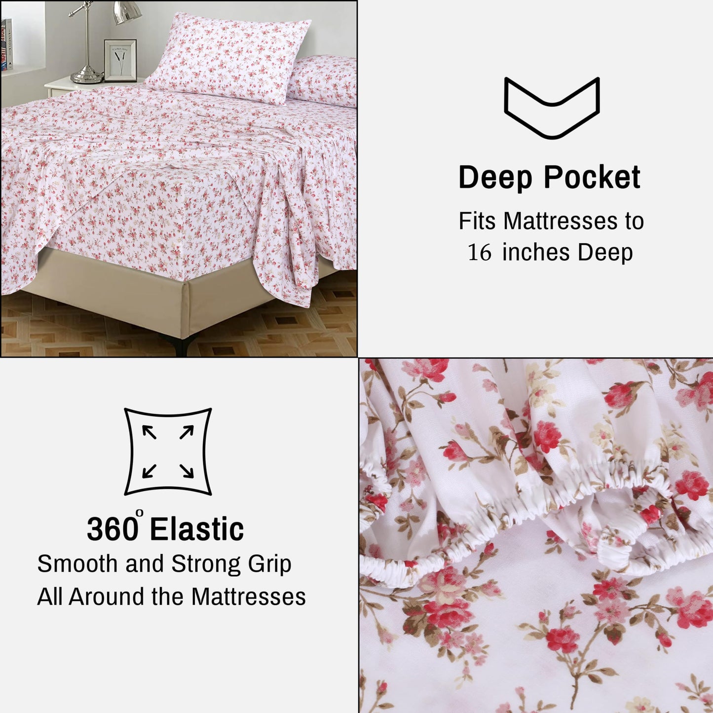 RUVANTI 100% Cotton Percale Sheets Full Size, Bouquet