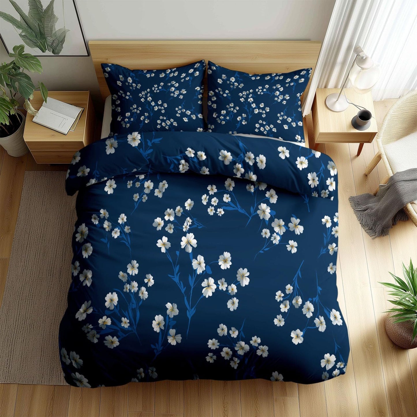 Super Soft Japanese Floral Style Duvet Cover Set Twin Size, Minimalist White Small Flowers Navy Blue Bedding for Kids Boys Girls Teens - Breathable and Anti-Allergic Soft Comforter Cover