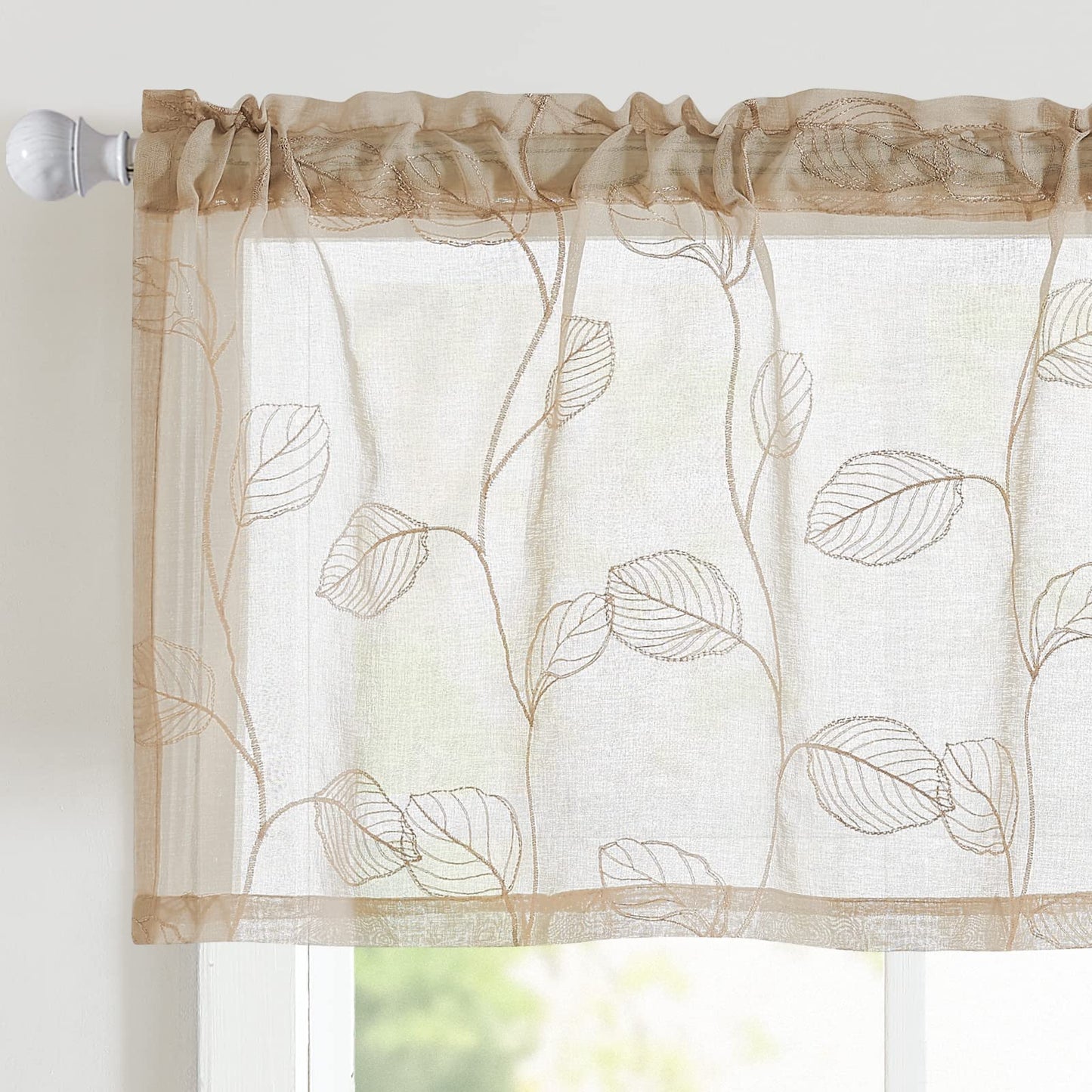 Topick Beige Sheer Leaf Curtain Kitchen Valance for Windows Leaf Embroidered Voile Small Curtain Valance Semi Sheer Farmhouse Curtain 16 Inch Rod Pocket 1 Panel Beige