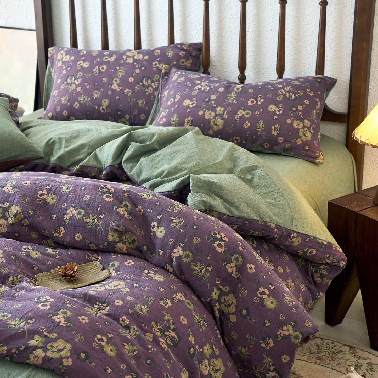 mixinni Vintage Floral Duvet Cover King Set - Purple & Green Reversible Jacquard, 100% Yarn-Dyed Double-Layer Cotton, Breathable Luxury Bedding (3-Piece, Includes 2 Pillowcases) Farmhouse & Bohemian