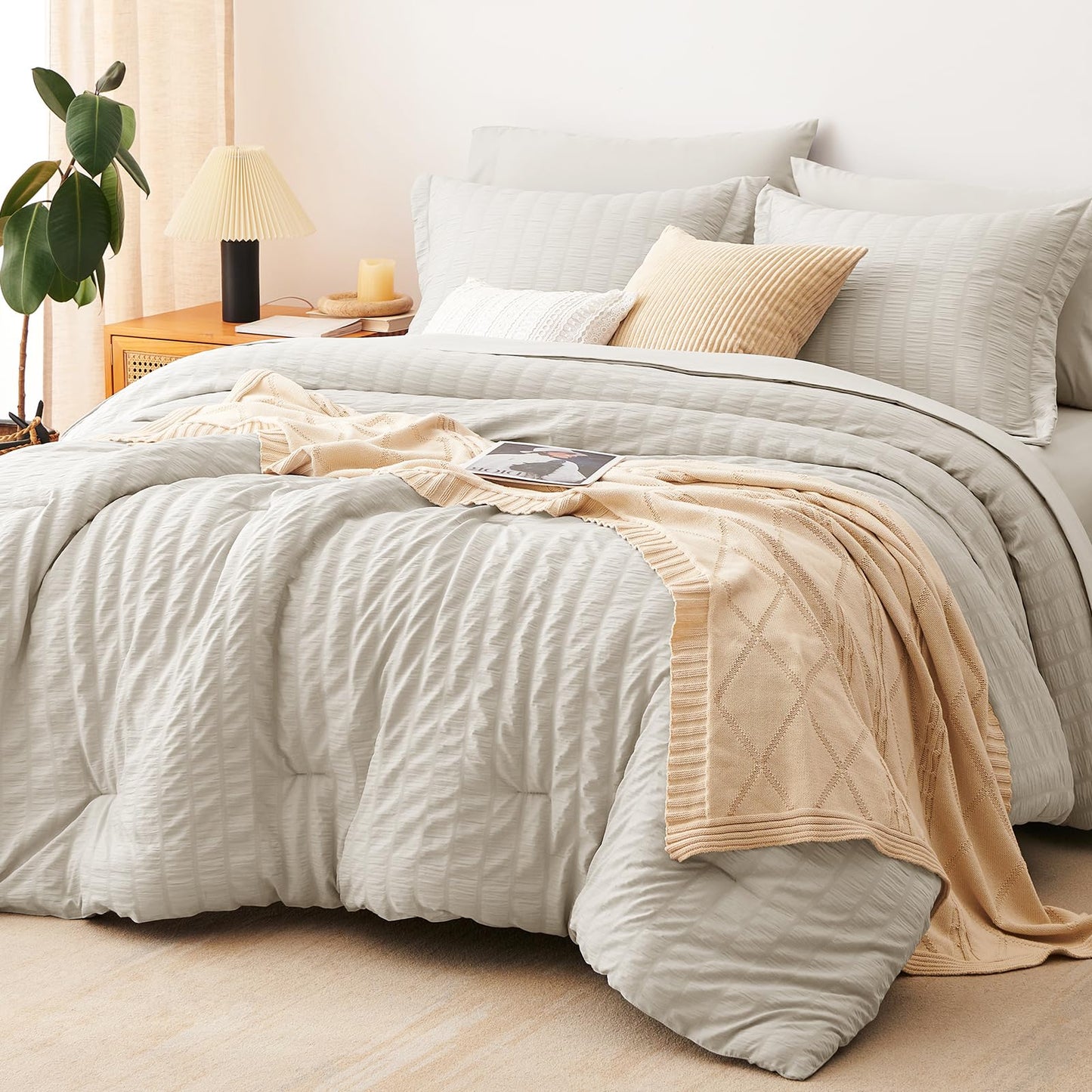 CozyLux Queen Comforter Set Beige, 7 Pieces Seersucker Textured Luxury Bed in a Bag Queen, All Seasons Soft Bedding Sets with Down Alternative Comforter, Sheets, Pillowcases & Shams, Home Gift