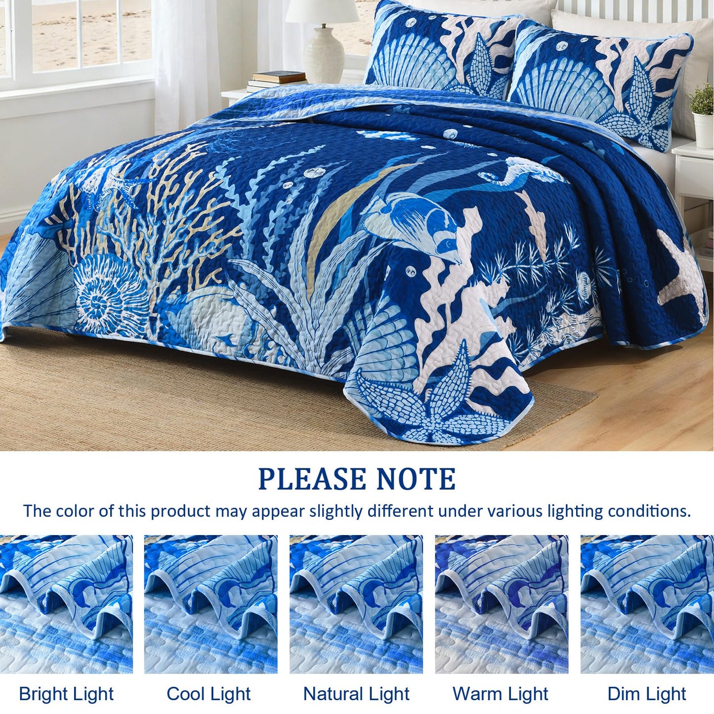 DJY Coastal Quilt Set Queen Size 3 Piece, Beach Theme Pattern Quilted Blanket Thin Reversible Microfiber Bedding Lightweight Soft Bedspread Coverlet Sets for All Season (1 Quilt, 2 Pillow Shams)
